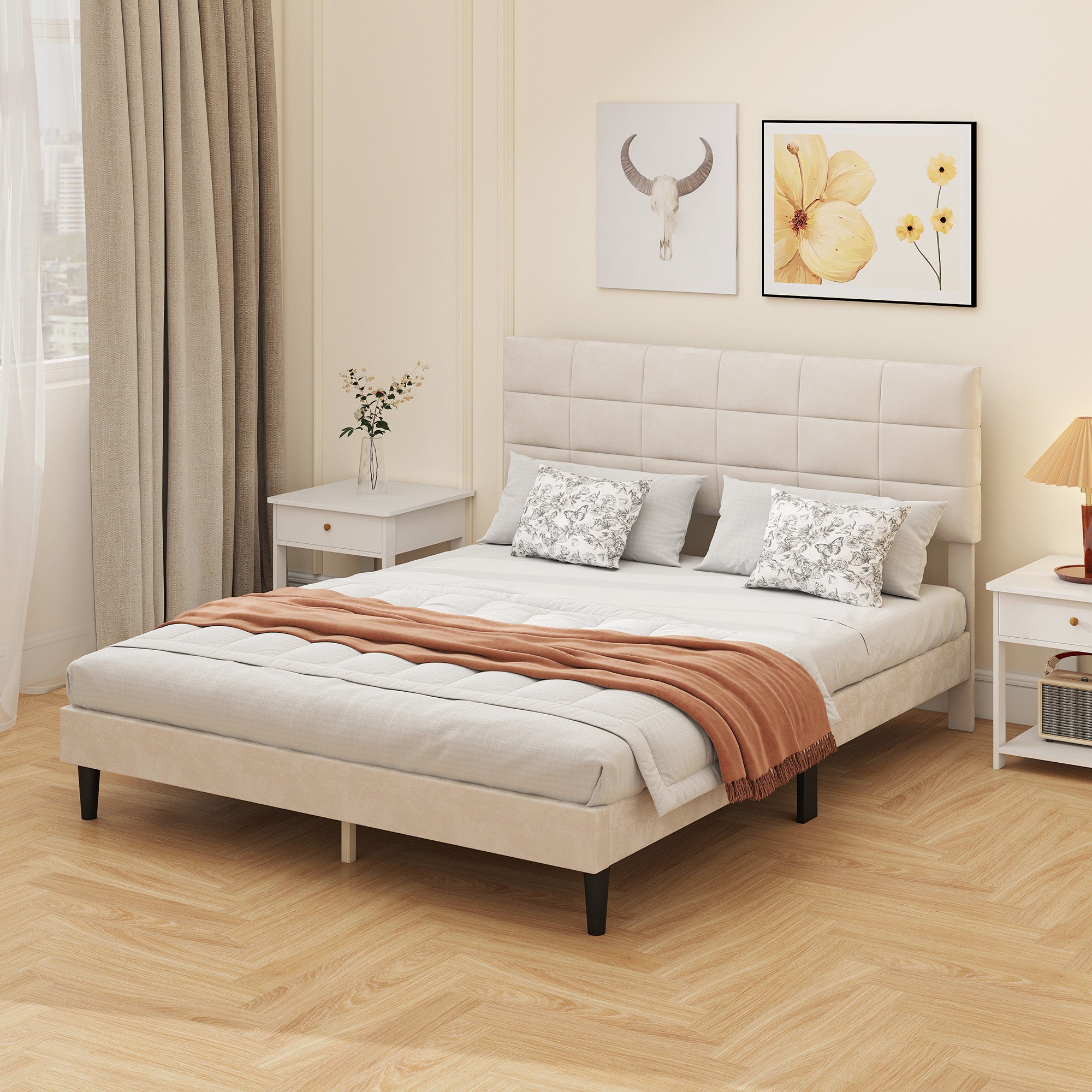 Harper Queen Size Bed Frame with Upholstered Headboard, Modern Platform Bed Frame with Wood Slats, 1100 lbs Capacity, Cream