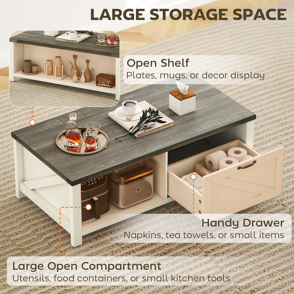 Lowen Farmhouse Coffee Table with Drawer, Open Storage Shelf for Living Room, Dining Room, Office, Distressed White