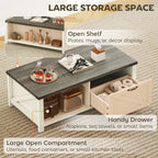 Lowen Farmhouse Coffee Table with Drawer, Open Storage Shelf for Living Room, Dining Room, Office, Distressed White