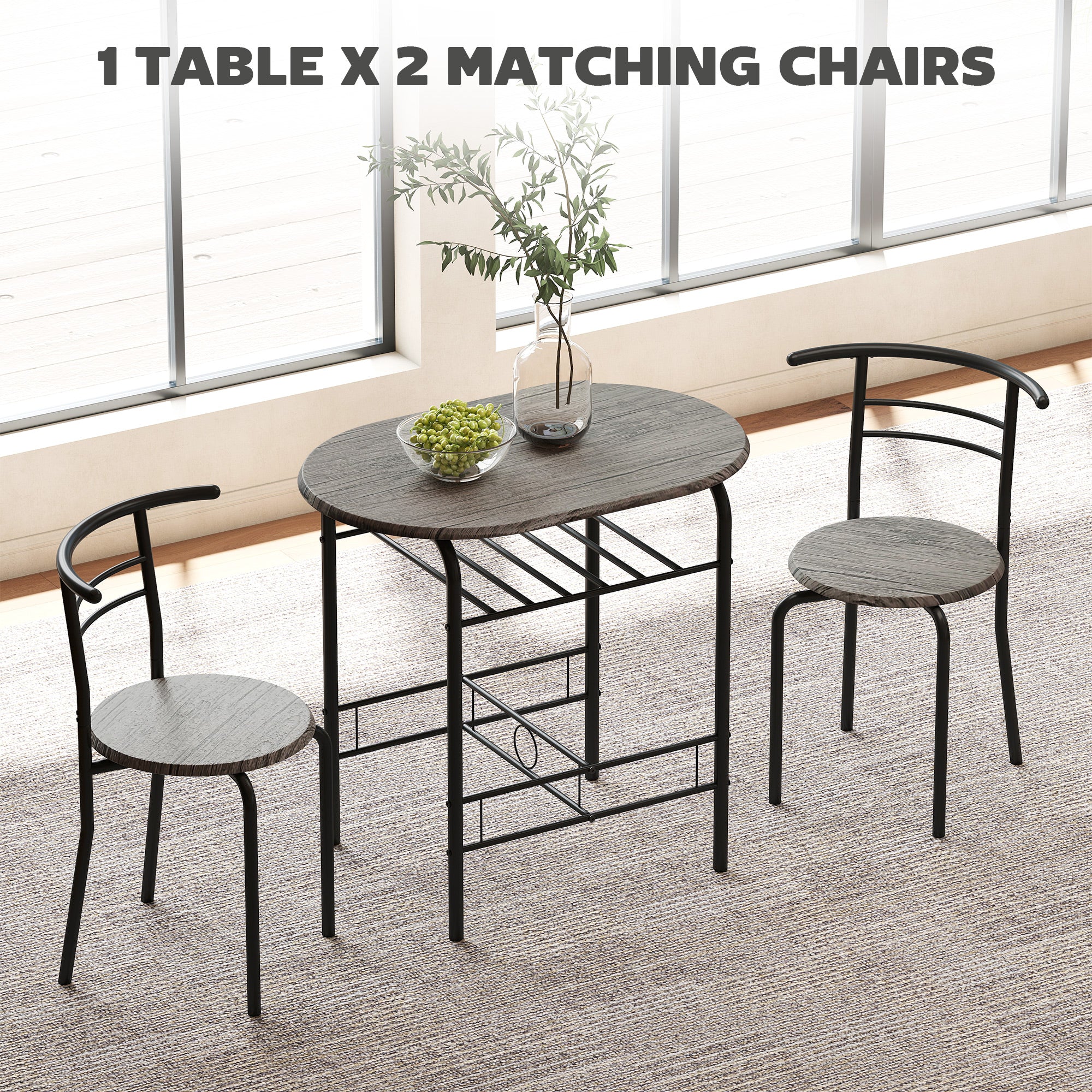 Mason Dining Table Set of 3, 31.5" Kitchen Table and Chairs Set for 2 with Shelf, for Small Space, Dining Room, Living Room