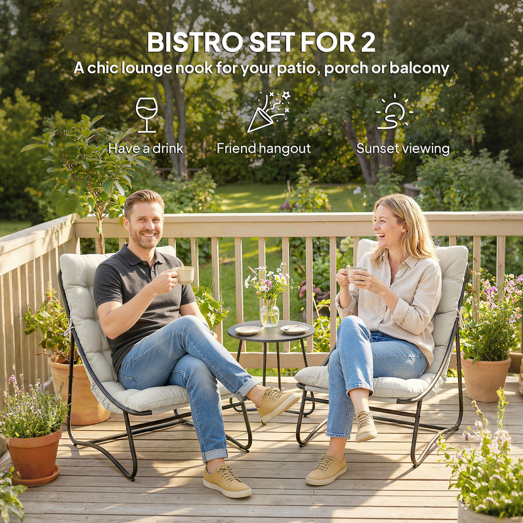 Dawson 3 Piece Outdoor Bistro Set with Round Table and Breathable Mesh Seat and Cushioned Chairs-Light Grey