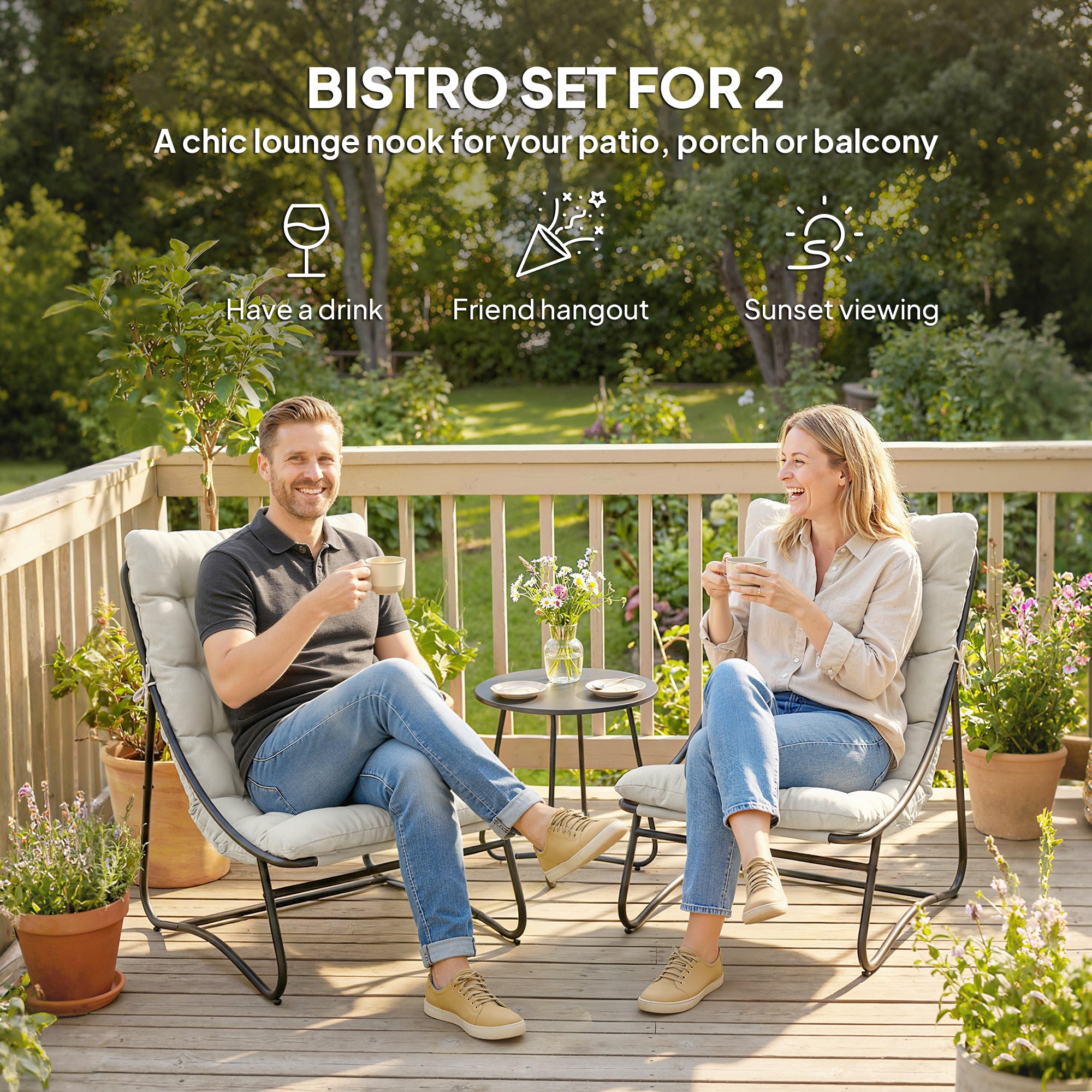 Dawson 3 Piece Outdoor Bistro Set with Round Table and Breathable Mesh Seat and Cushioned Chairs-Light Grey