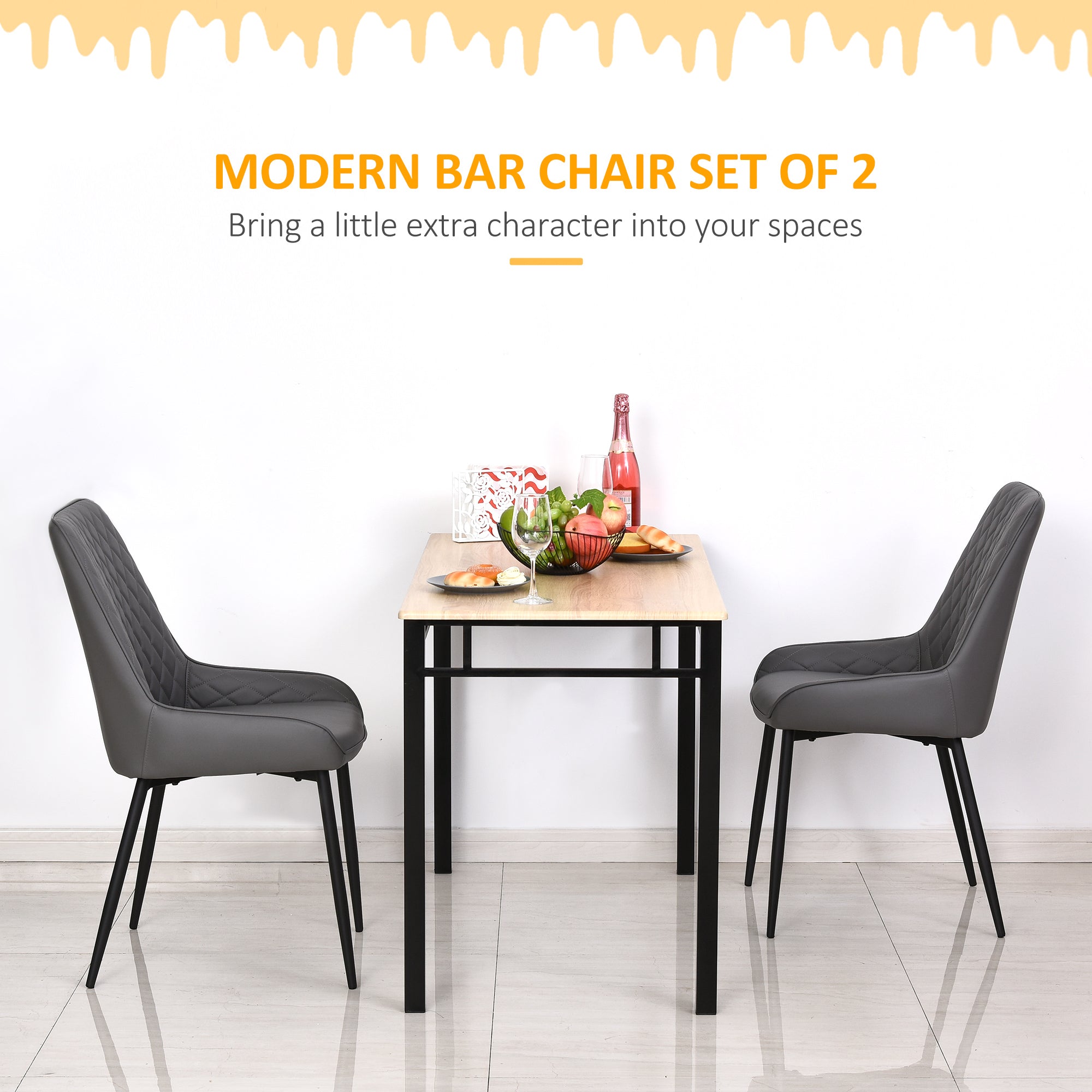 Blake PU Leather Kitchen Chairs, Modern Dining Chairs Set of 2 with Diamond Tufting and Steel Legs for Dining Room, Grey
