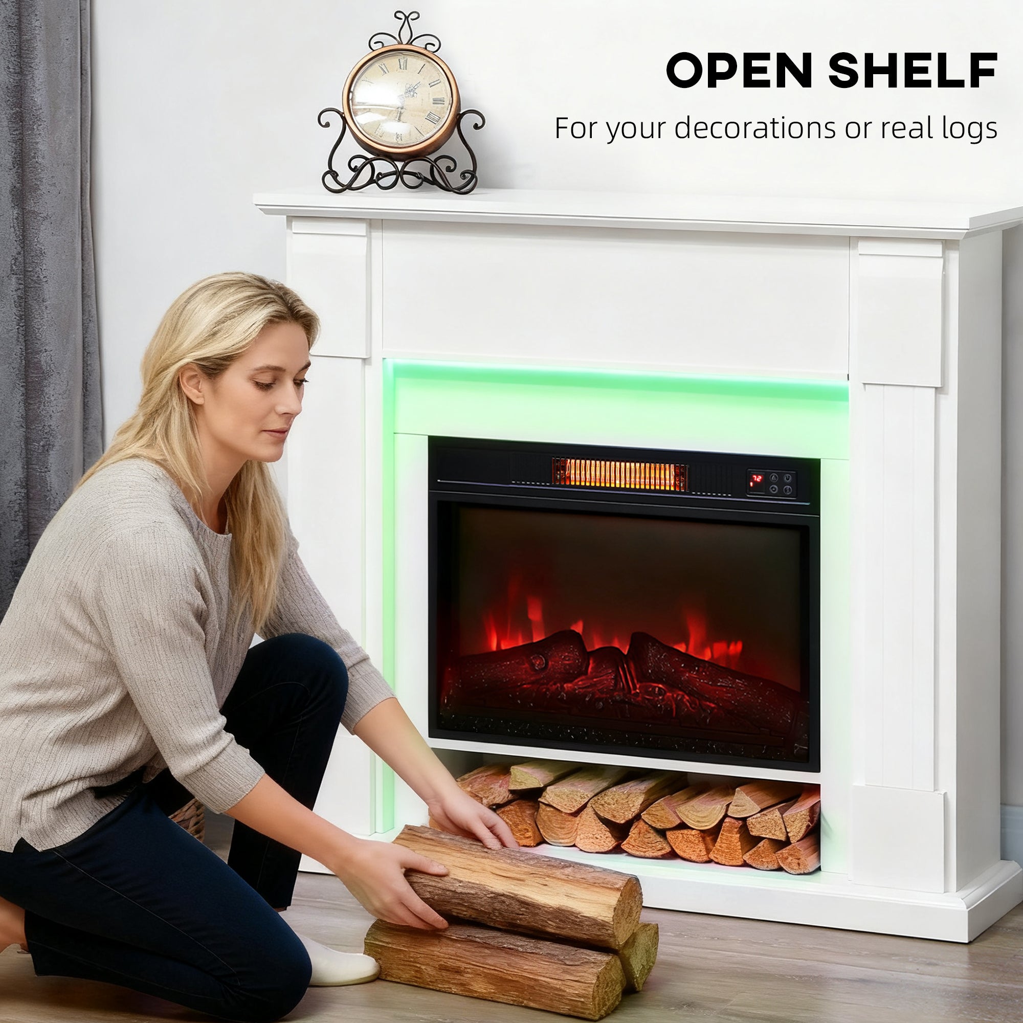 Electric fireplace with mantel featuring realistic flame effect for home heating