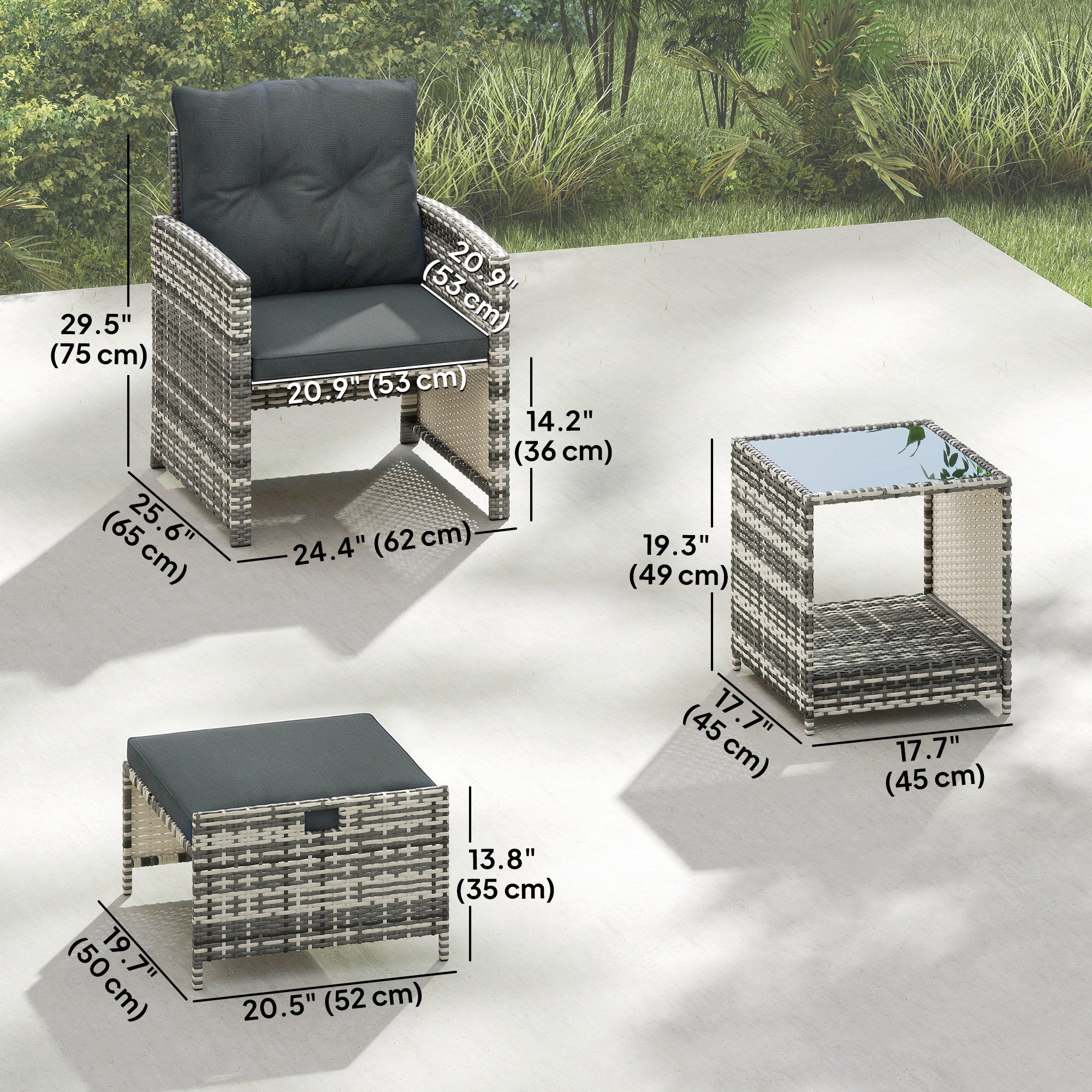 Athena 5 Piece Patio Furniture Set with Ottomans and Glass Table-Dark Grey