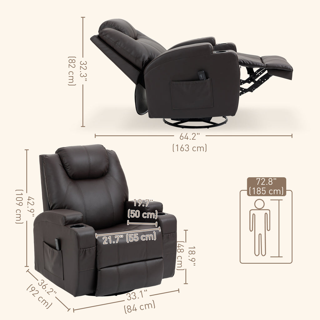 Brady Massage Recliner Chair, Swivel Nursery Rocker Chair, Manual Reclining Sofa with 8 Vibration Points, PU Leather, Cup Holders, Side Pockets, for Living Room, Brown