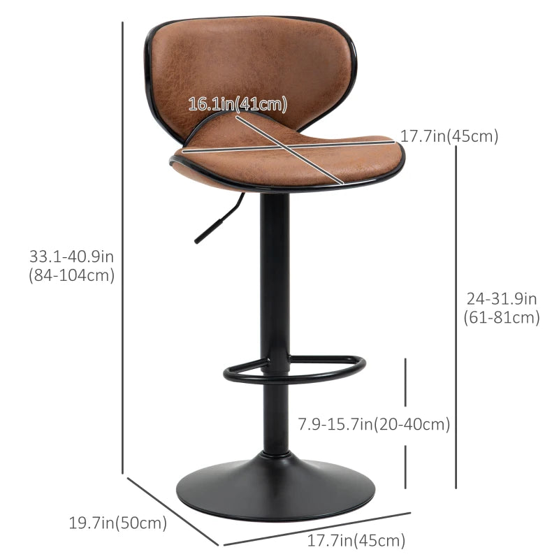 Anna Vintage Set of 2 Microfiber Cloth Adjustable Counter/Bar Height Stools with Swivel Seat, Brown
