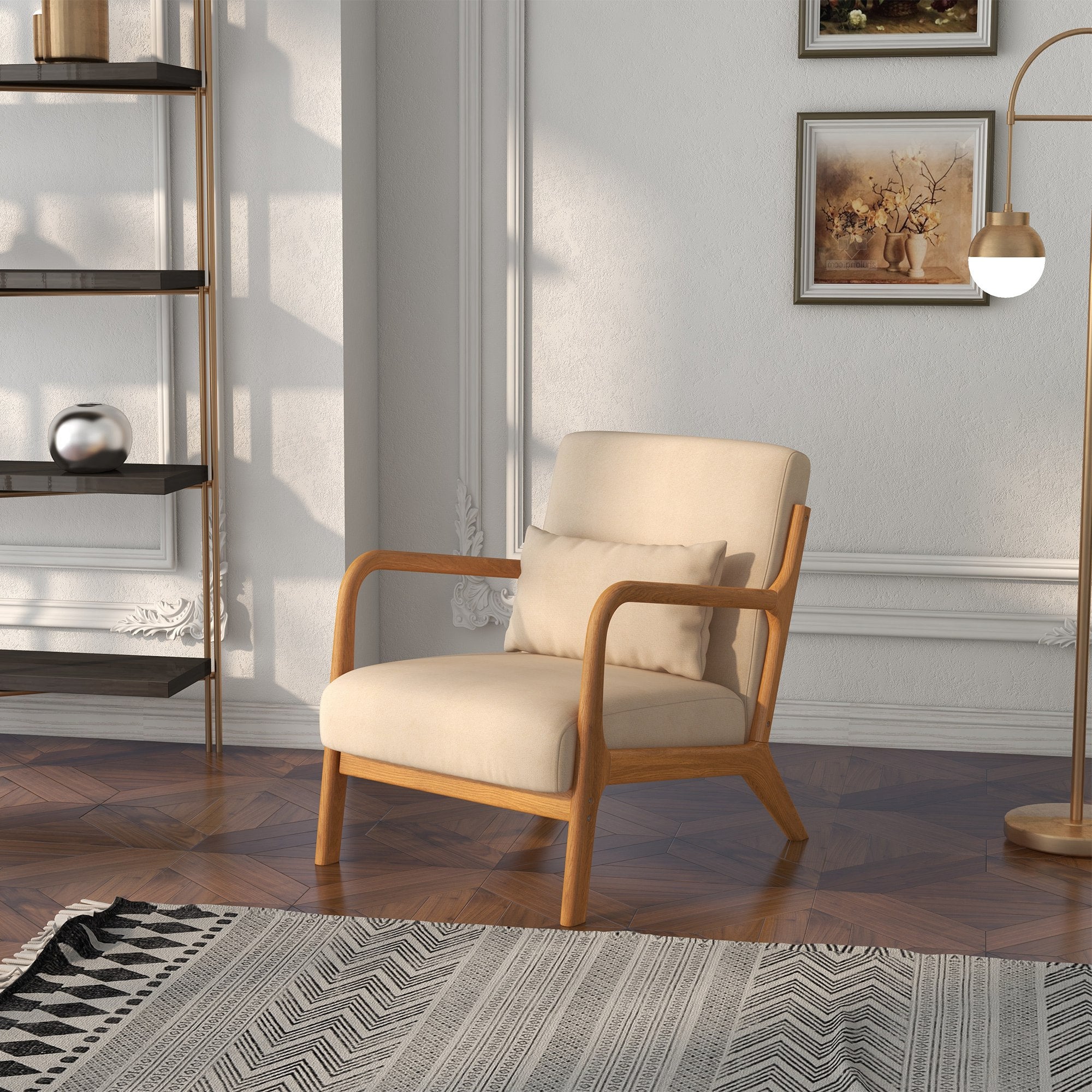 Alex Fabric Retro Accent Chair with Solid Wood Legs-Beige