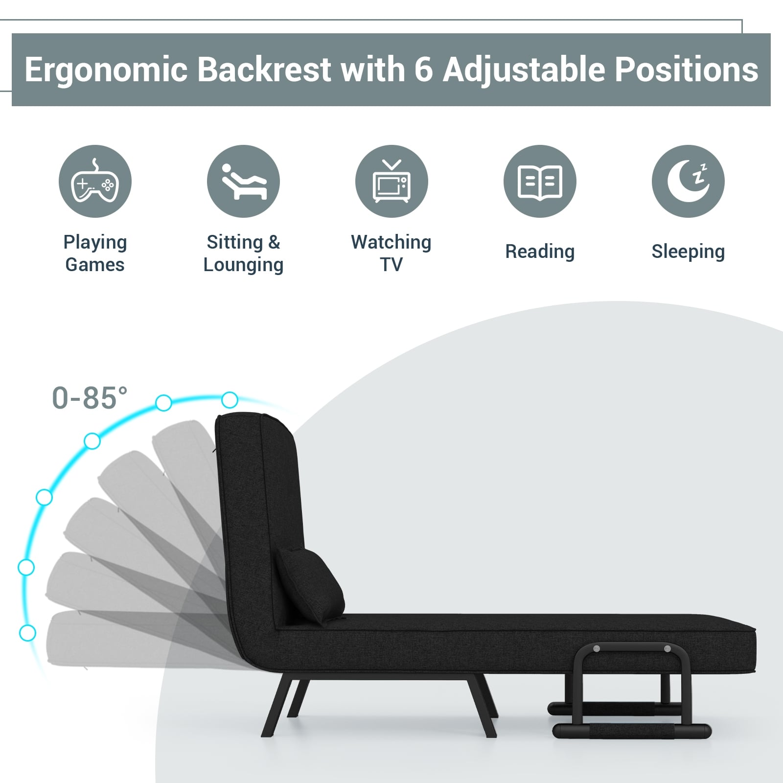 Jade 6‑Position Convertible Sleeper Chair – Black | 4‑in‑1 Folding Sofa Bed for Small Spaces