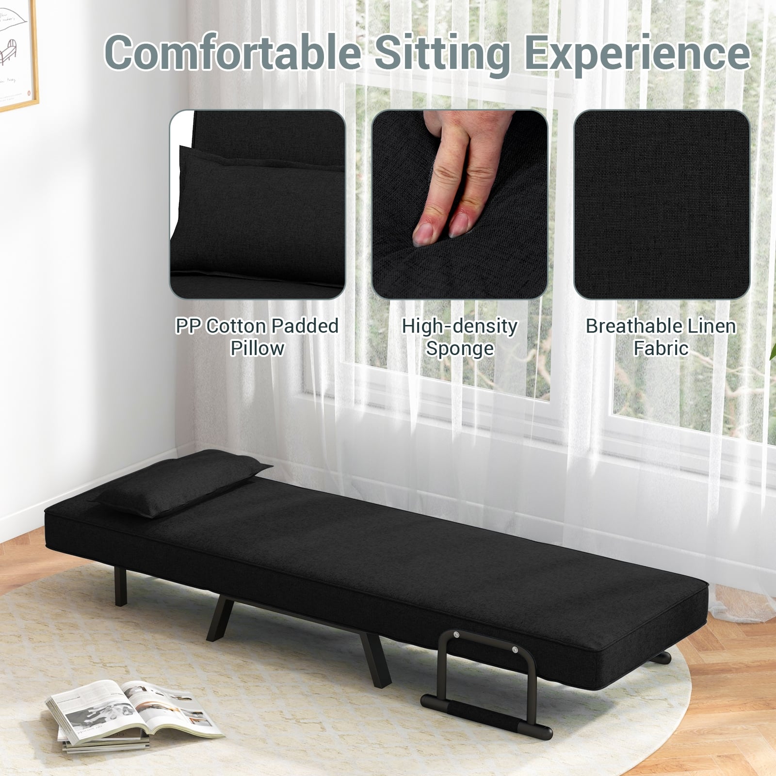 Jade 6‑Position Convertible Sleeper Chair – Black | 4‑in‑1 Folding Sofa Bed for Small Spaces