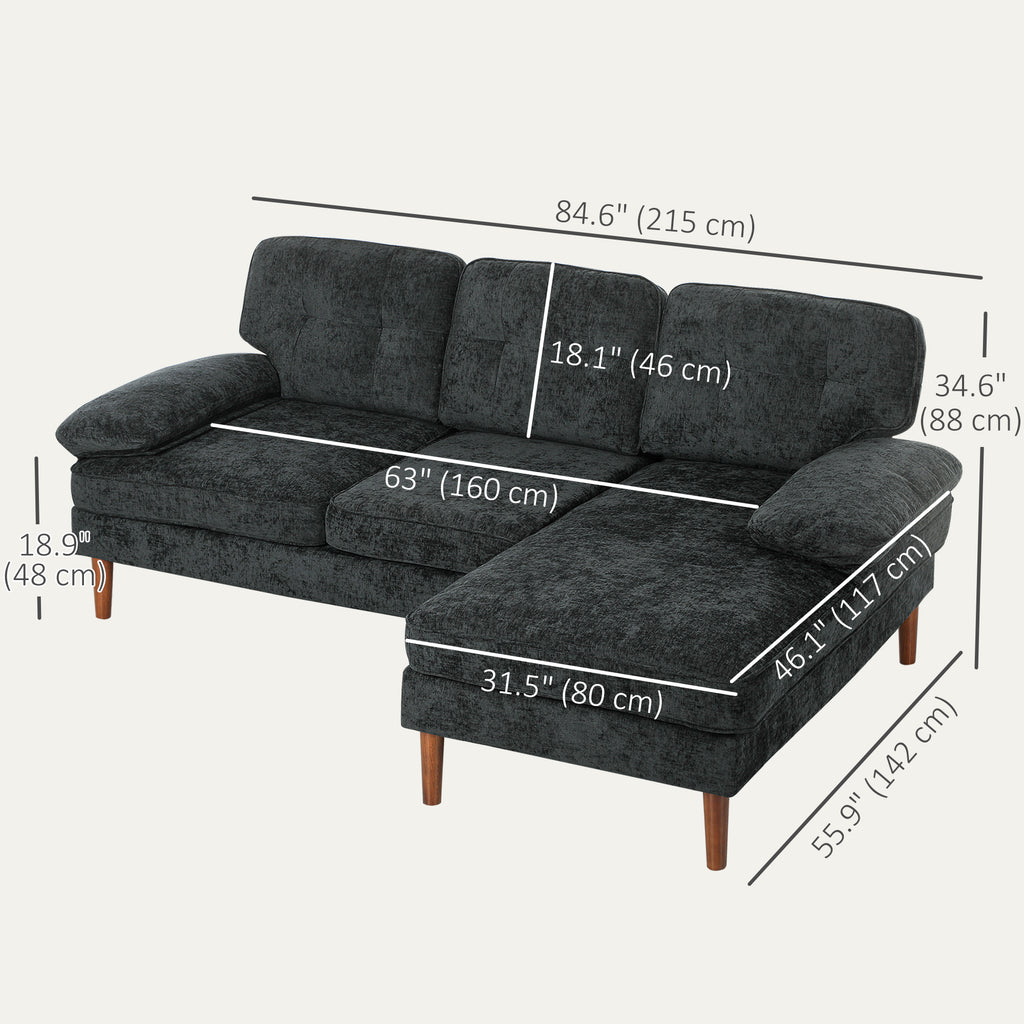 Halston Modern RHF Sectional with Tufted 3-Seater Cushions and Wooden Legs-Black