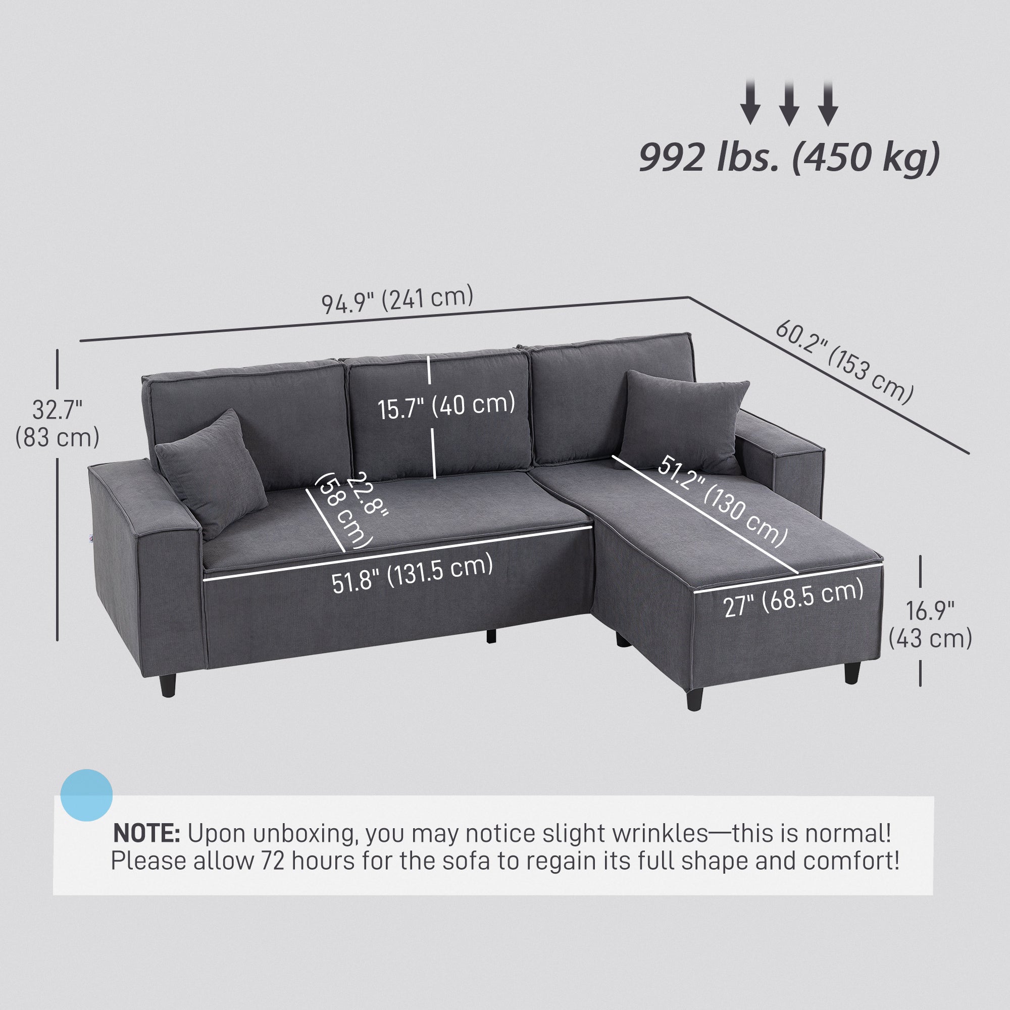 Ronny Reversible Sectional with Changeable Chaise- Charcoal Grey