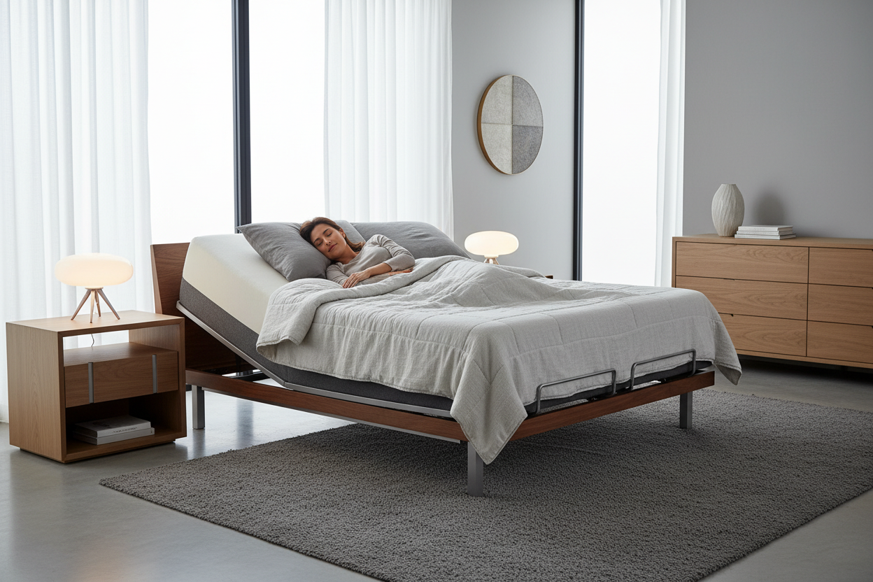 create someone sleeping on adjustable base in zero G position in a modern bedroom