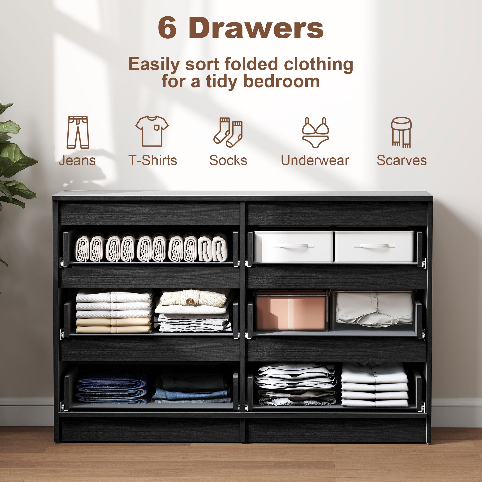 River  6 Drawer Dresser for Bedroom, Living Room, Hallway, Modern Clothes Storage Organizer, Black