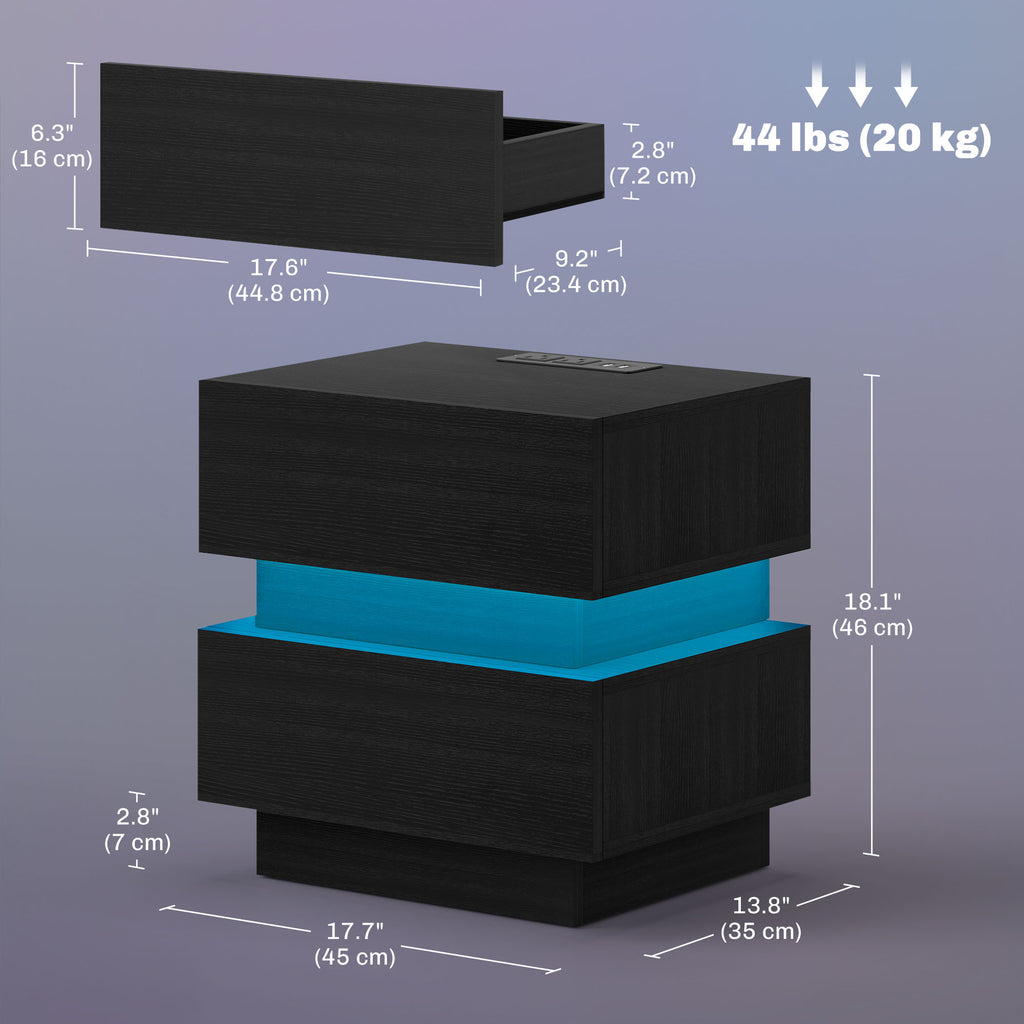 Emma Bedside Table with Charging Station and LED Light Modern Nightstand with USB Ports AC Outlets Drawers Remote, Black