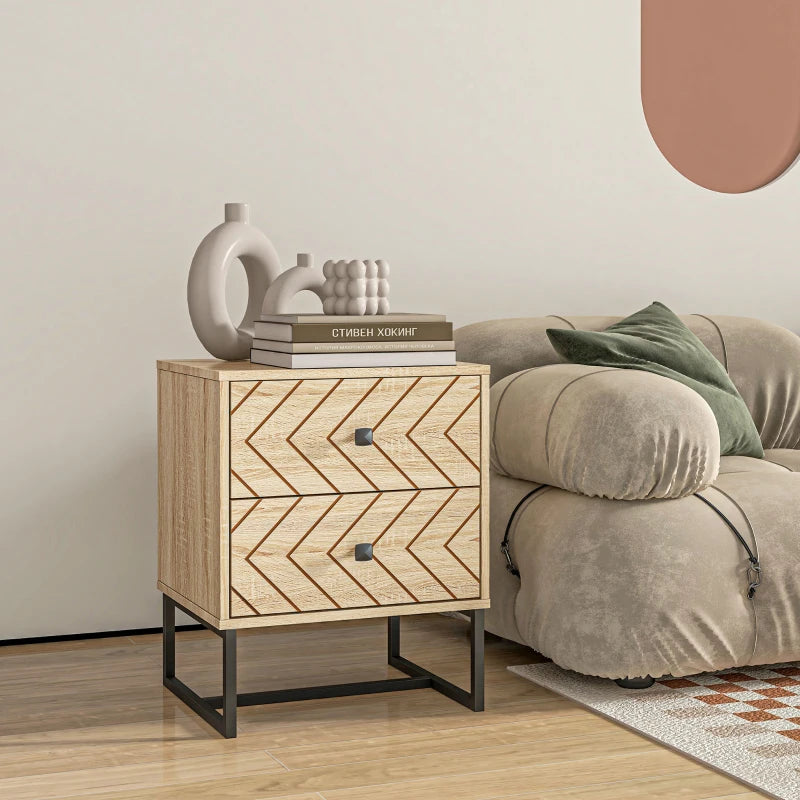 Gabi Modern Nightstand-Bedside Table with Drawers, Side End Table with Metal Legs for Bedroom, Zig Zag Design, Natural