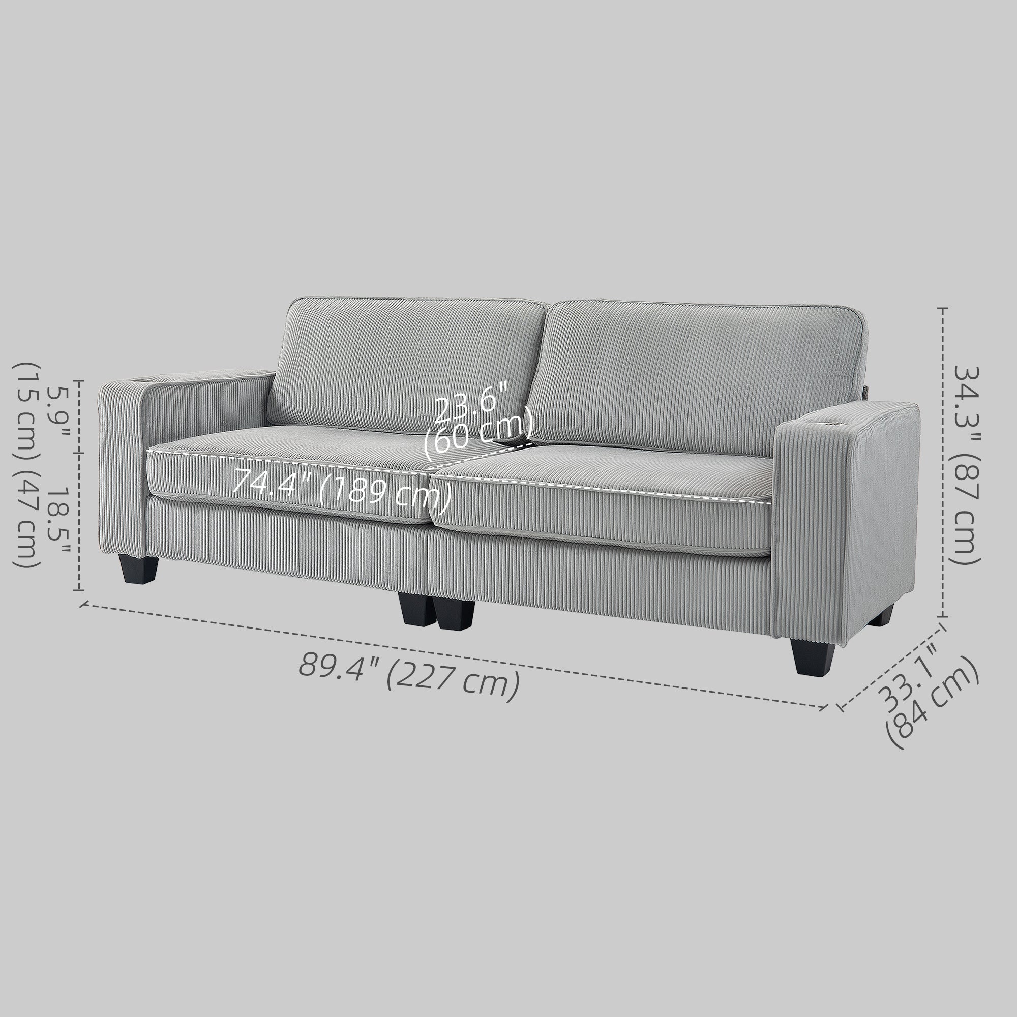 LAURA Three Seater Sofa, Fabric 3 Seater Couch with Spring Cushion and Cup Holders for Living Room, Bedroom, Light Grey