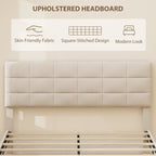 Harper Queen Size Bed Frame with Upholstered Headboard, Modern Platform Bed Frame with Wood Slats, 1100 lbs Capacity, Cream