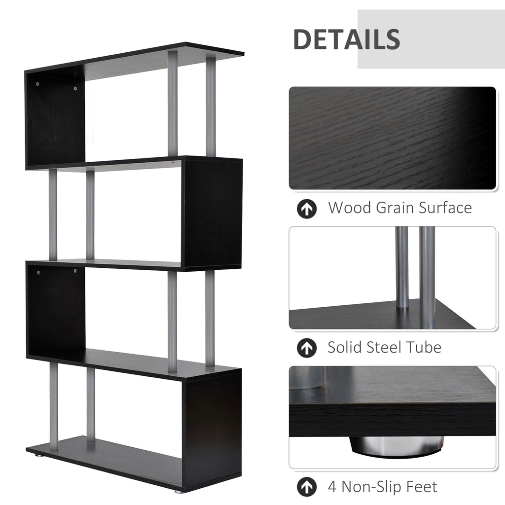 Jude 5-Tiers Geometric Wooden S-Shaped Bookshelf Display with Metal Frame for Living Room, Bedroom & Home Office-Black