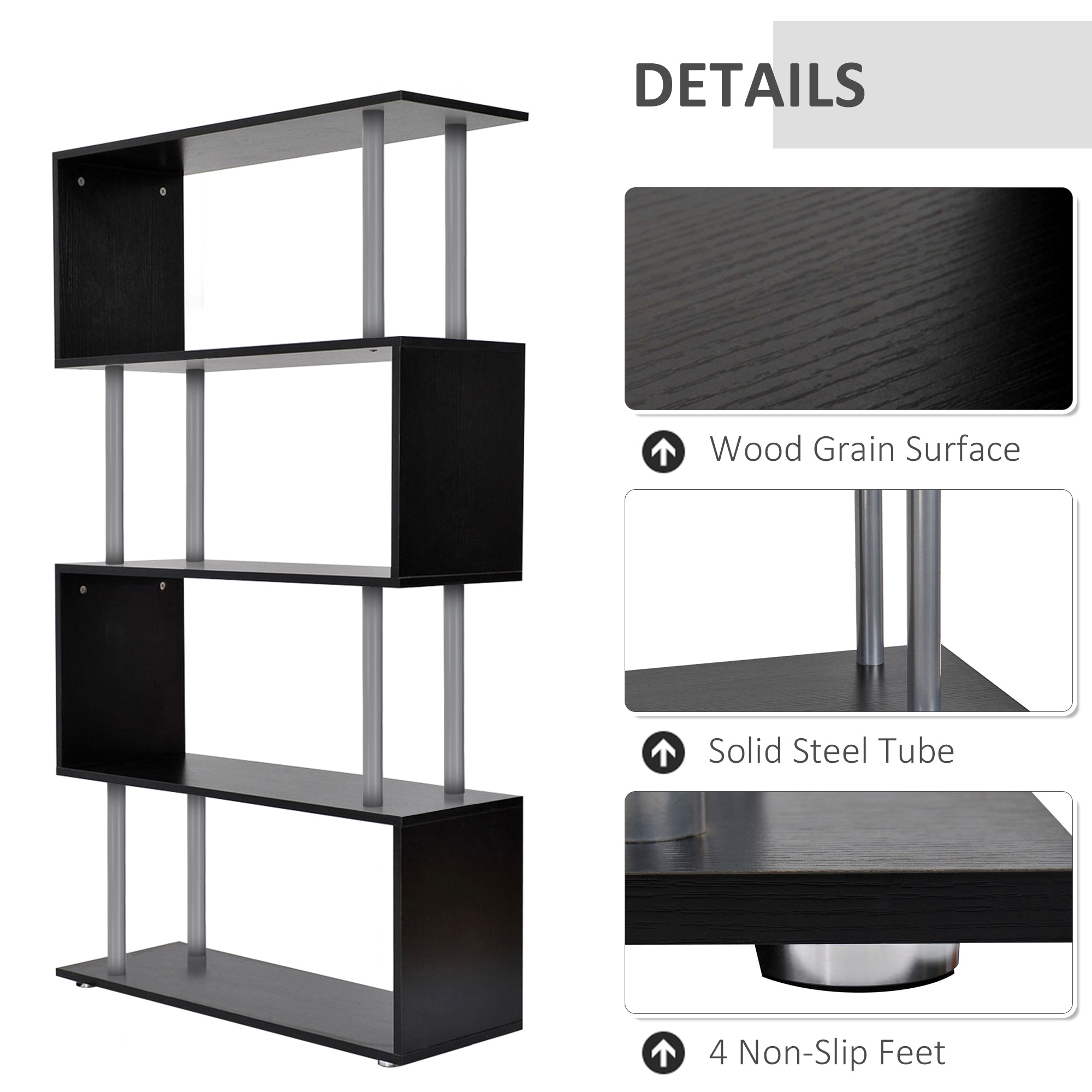 Jude 5-Tiers Geometric Wooden S-Shaped Bookshelf Display with Metal Frame for Living Room, Bedroom & Home Office-Black