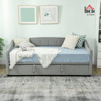 Atlas Upholstered Twin Size Trundle Bed, Velvet Twin to King Day Bed with Pop Up Trundle, Headboard and 2 Pockets-Light Grey