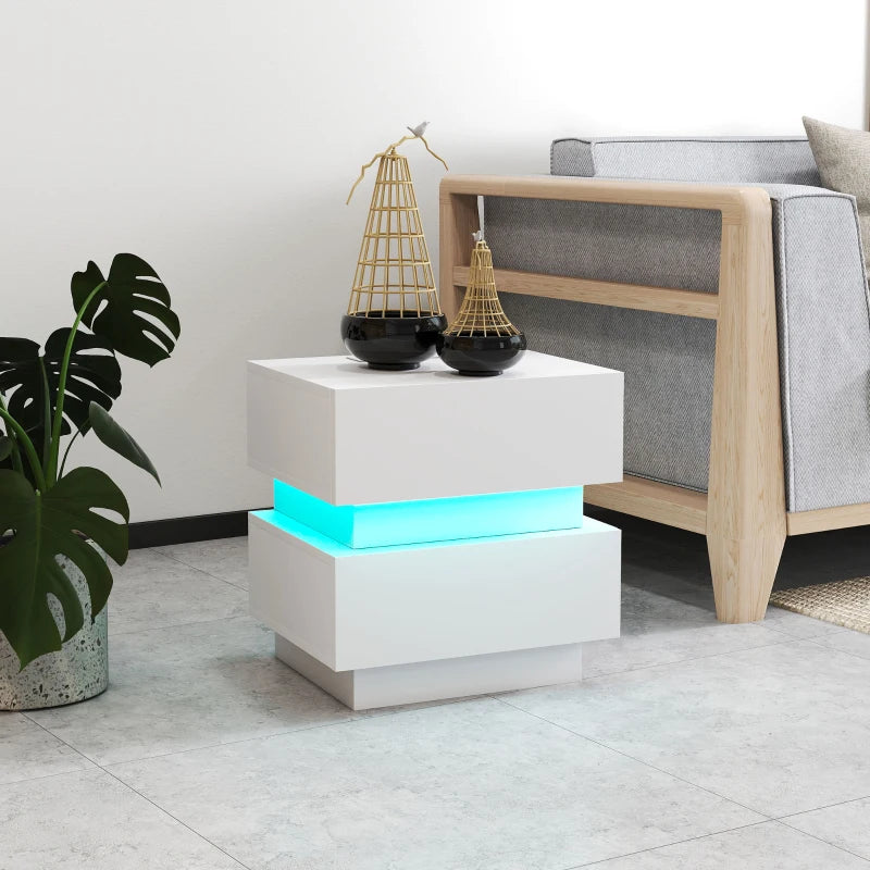 Emma Bedside Table with Charging Station and LED Light Modern Nightstand with USB Ports AC Outlets Drawers Remote, White