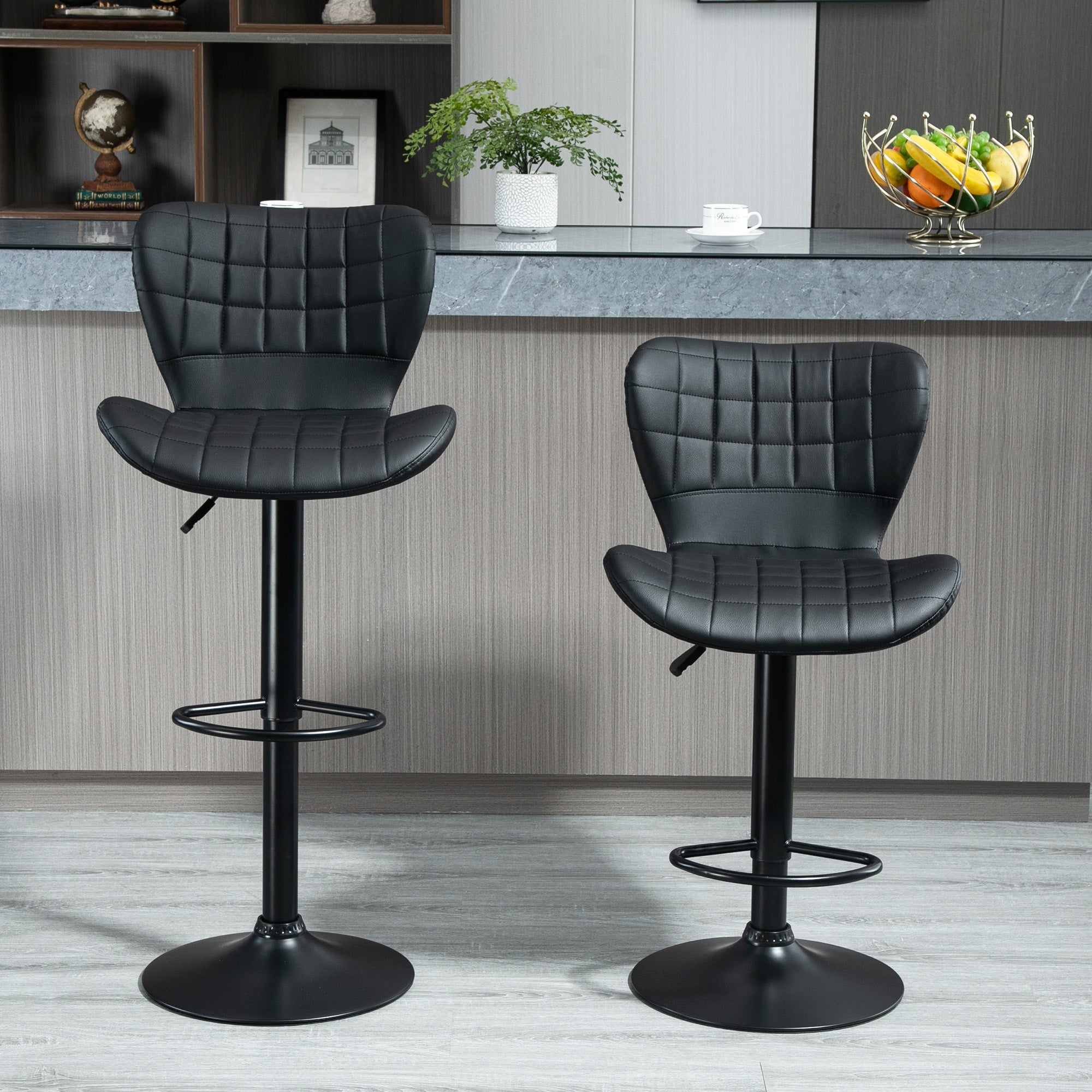 Avion Bar Stools Set of 2, Adjustable Height Swivel Bar Chairs, PU Leather Upholstered Kitchen Counter Stools with Wide Seat, Back and Footrest, Black