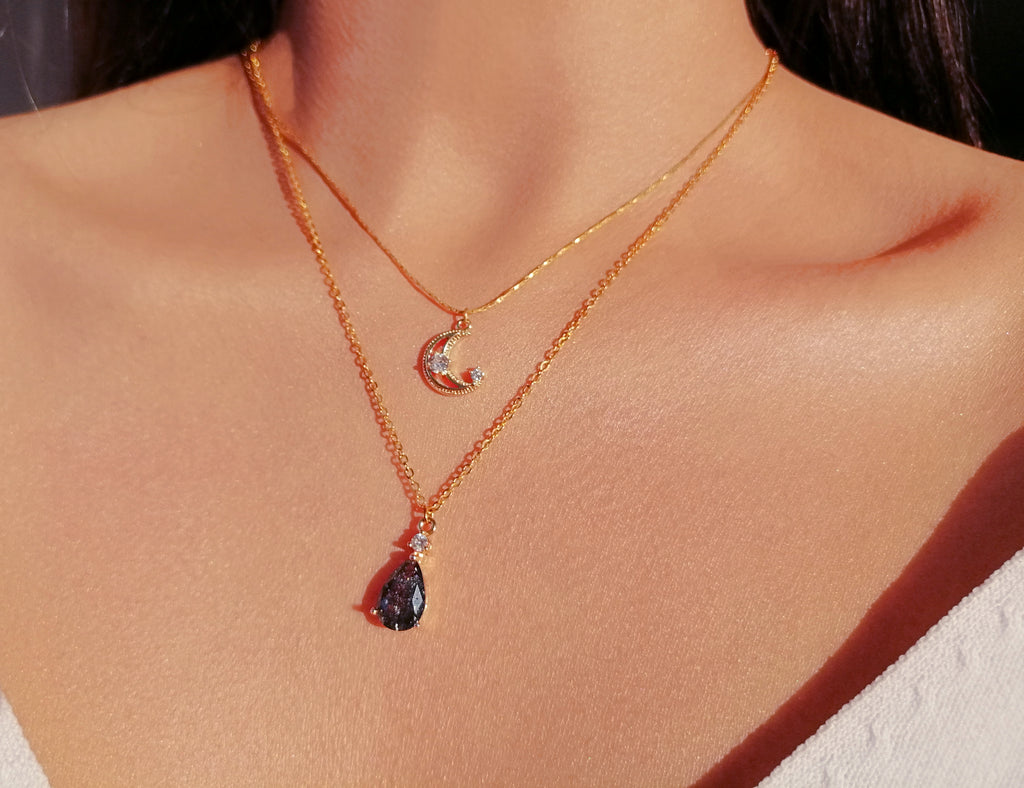 Double Layer Moon Necklace – Crushed Ice Galaxy Teardrop | Gold Plated