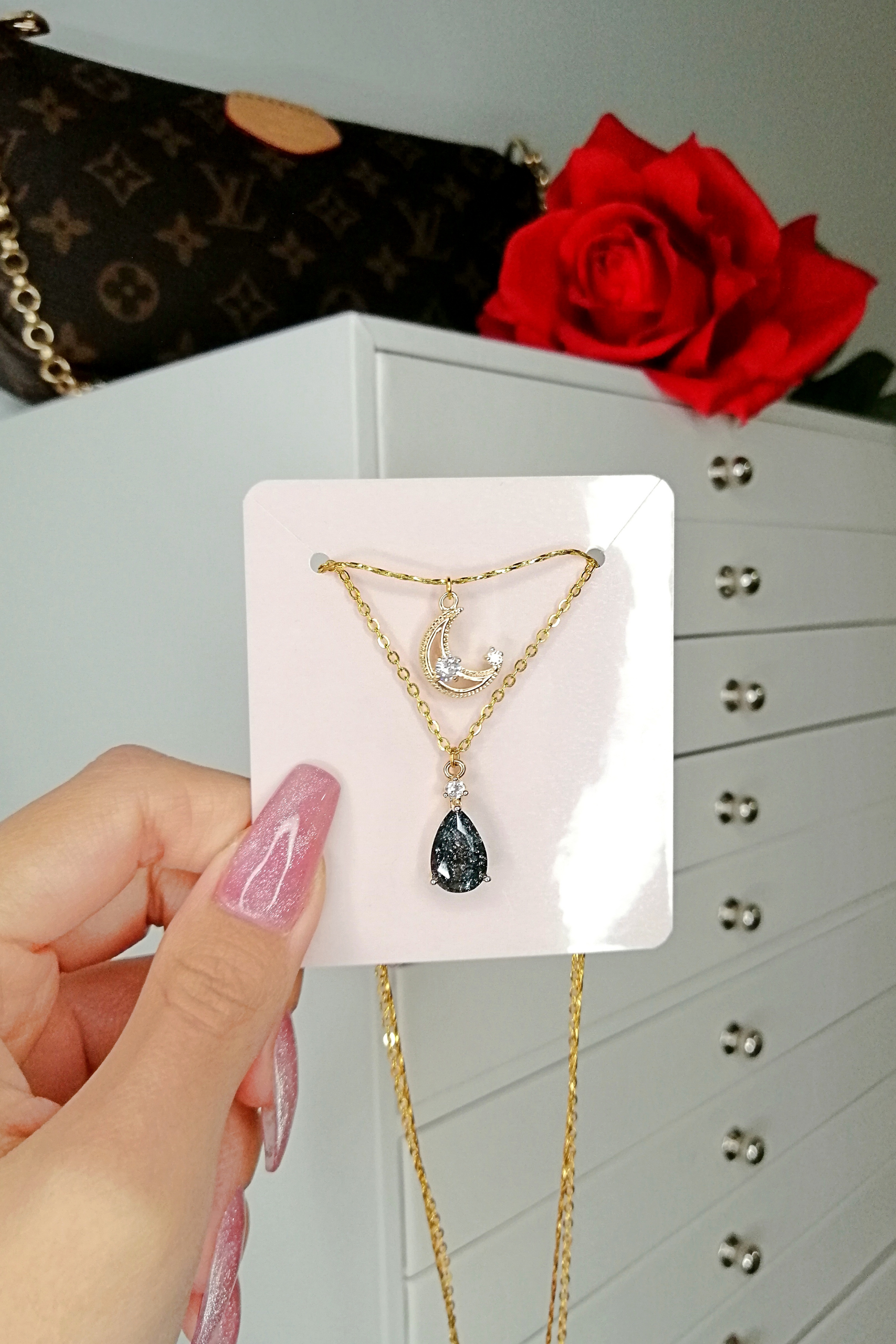 Double Layer Moon Necklace – Crushed Ice Galaxy Teardrop | Gold Plated