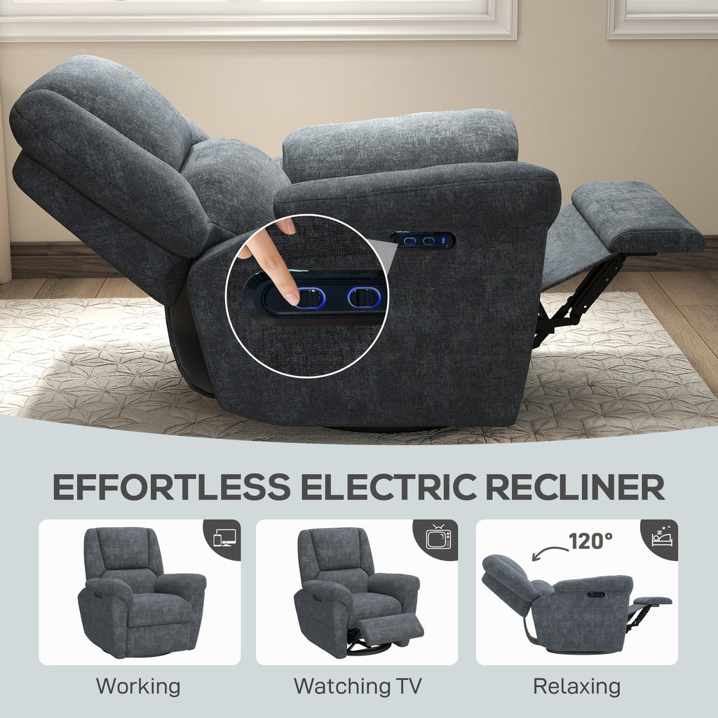 Brooks Power Reclining Chair with USB Ports, Swivel and Rocking Functions-Dark Grey