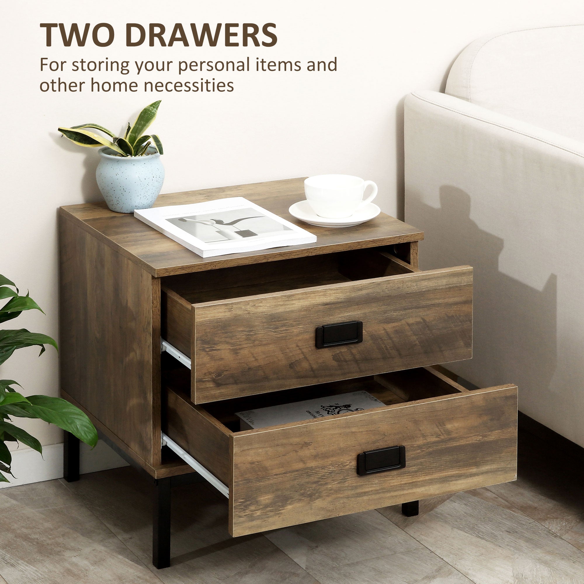 Wallace Nightstand with Storage, Retro Bedside Table, Side Table with 2 Drawers, Steel Frame for Bedroom, Coffee