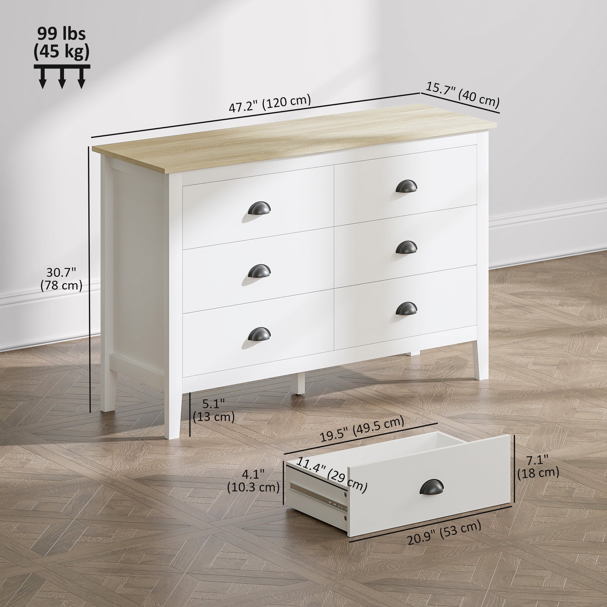 Atlas Dresser with Quiet Slides, Modern 6 Drawer Dresser for Bedroom, Closet, Living Room, Entryway, White