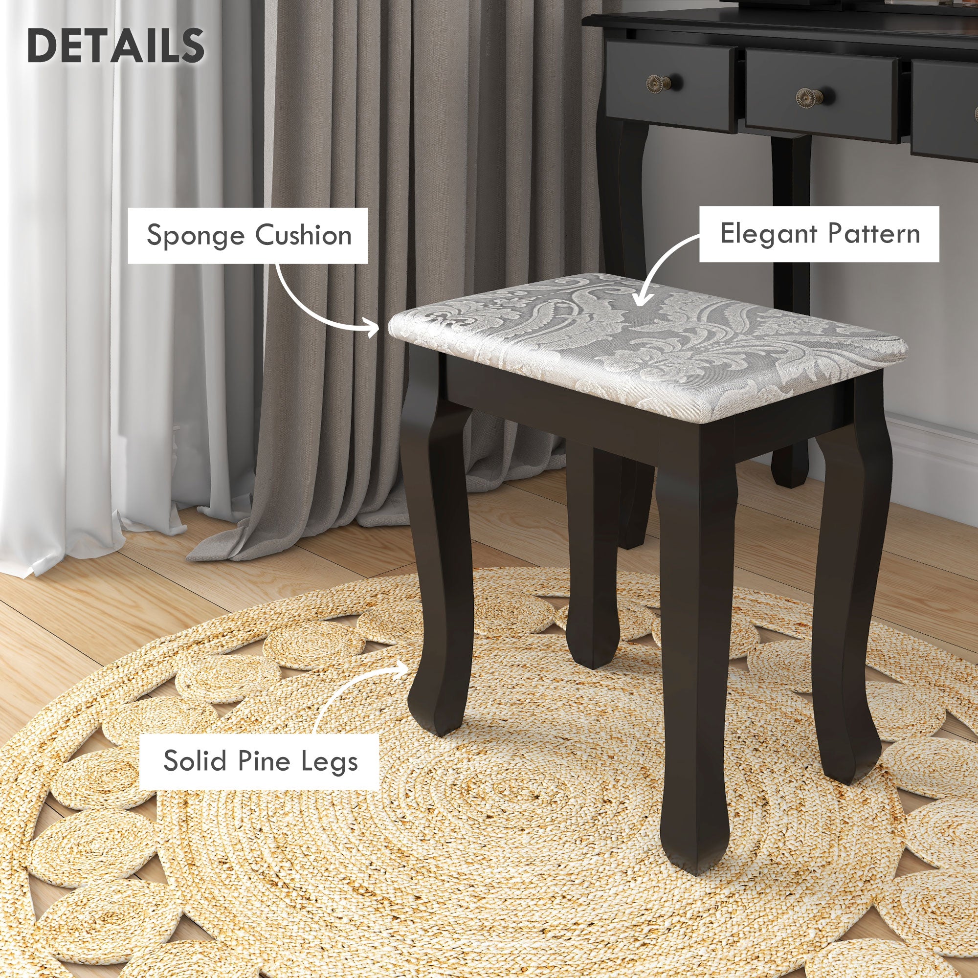 Emma Vanity Desk with Stool, Makeup Vanity with 360° Rotating Oval Mirror, 5 Drawers and Padded Seat, Dressing Table for Bedroom, Black