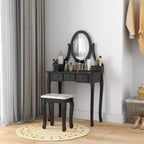 Emma Vanity Desk with Stool, Makeup Vanity with 360° Rotating Oval Mirror, 5 Drawers and Padded Seat, Dressing Table for Bedroom, Black