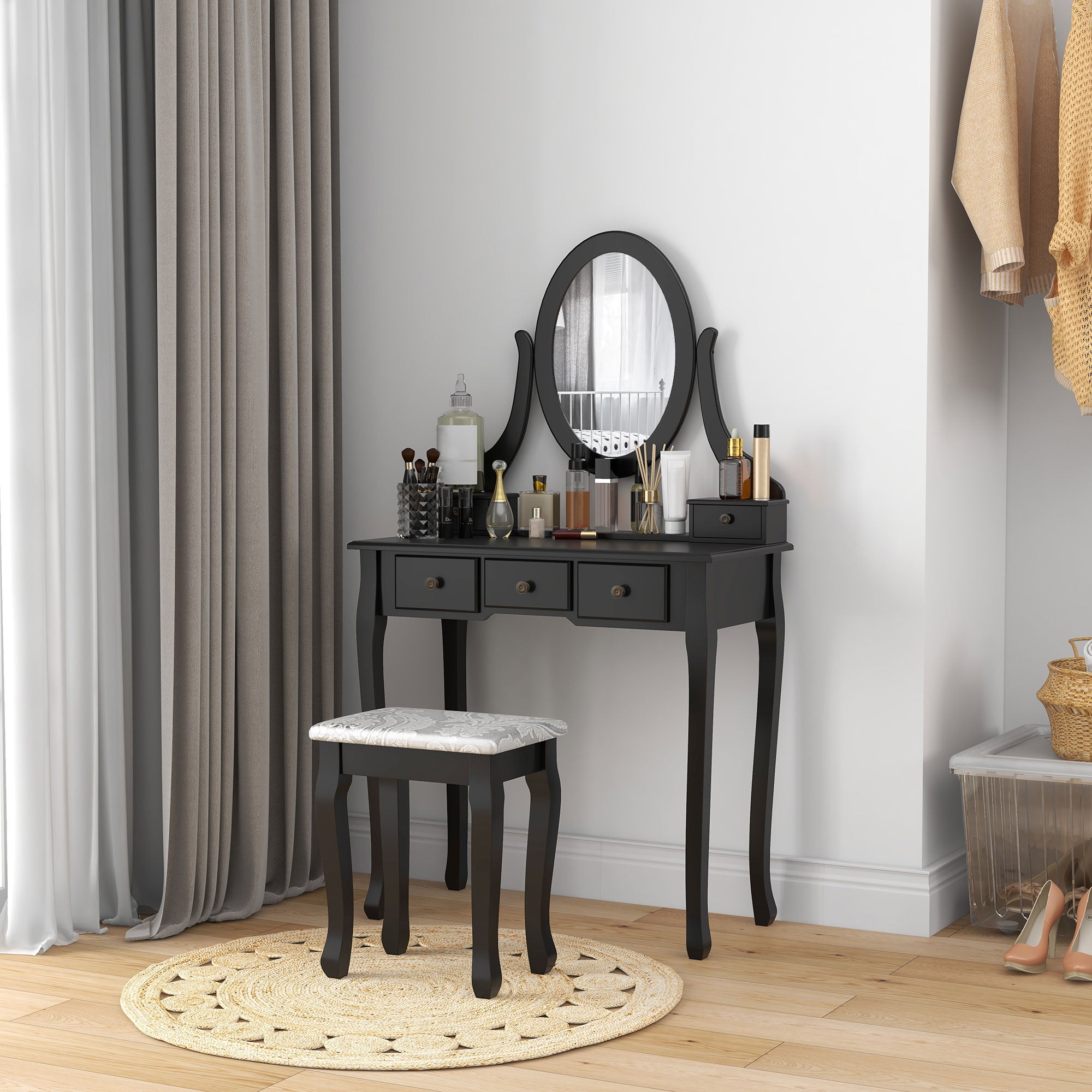 Emma Vanity Desk with Stool, Makeup Vanity with 360° Rotating Oval Mirror, 5 Drawers and Padded Seat, Dressing Table for Bedroom, Black