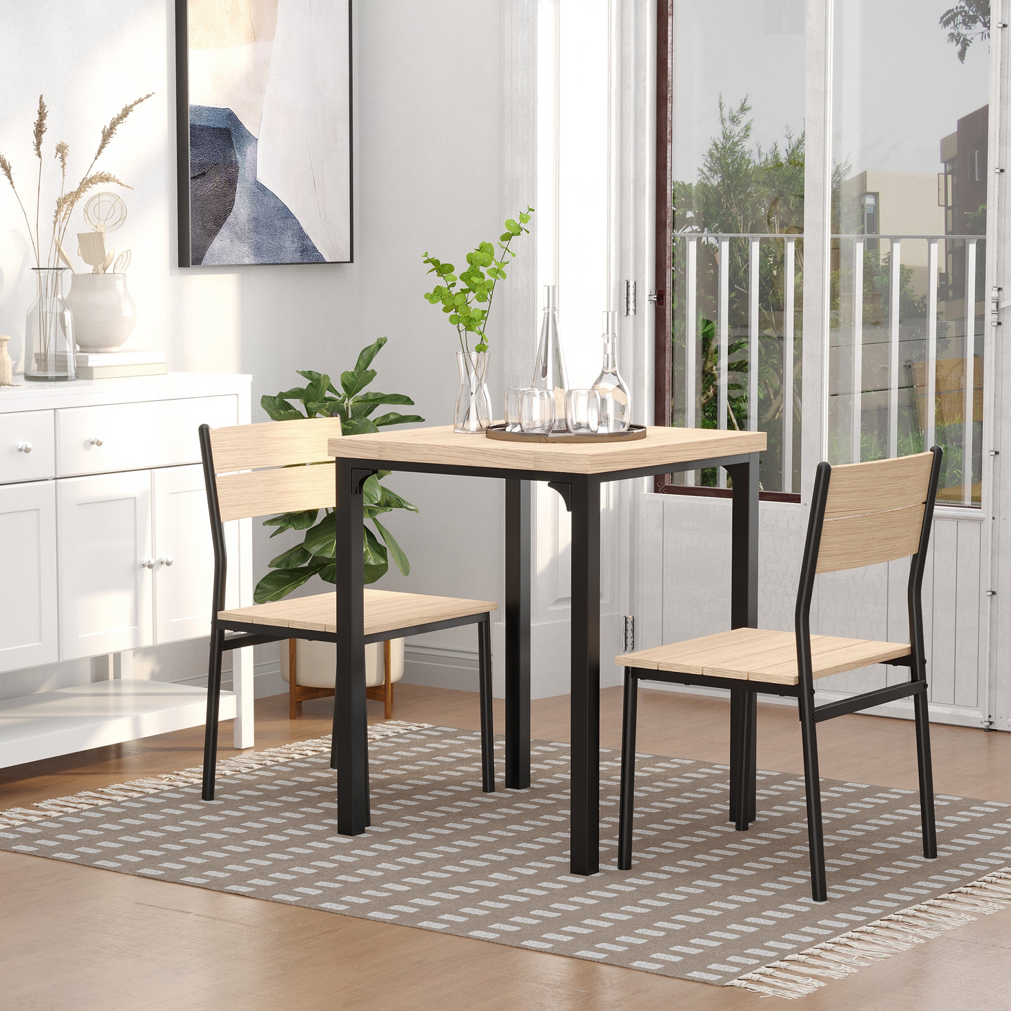Kurt Dining Table Set for 2, 3 Piece Kitchen Table and Chairs with Metal Legs for Small Spaces, Natural Wood
