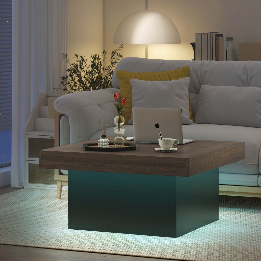 Aster Square Coffee Table with 16-Colour LED Lights, 35-inch Modern Center Table for Living Room, Walnut