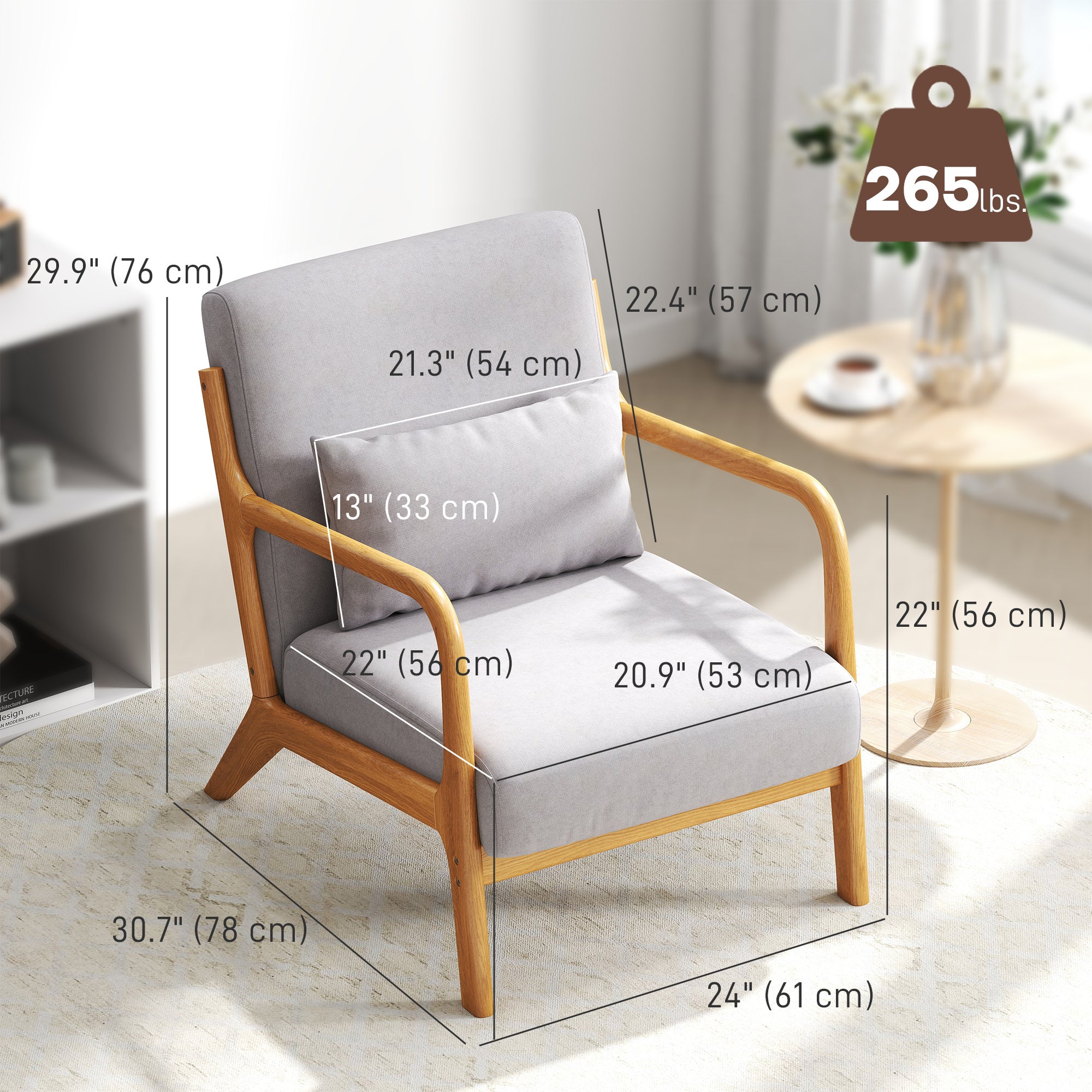 Alex Fabric Retro Accent Chair with Solid Wood Legs-Grey