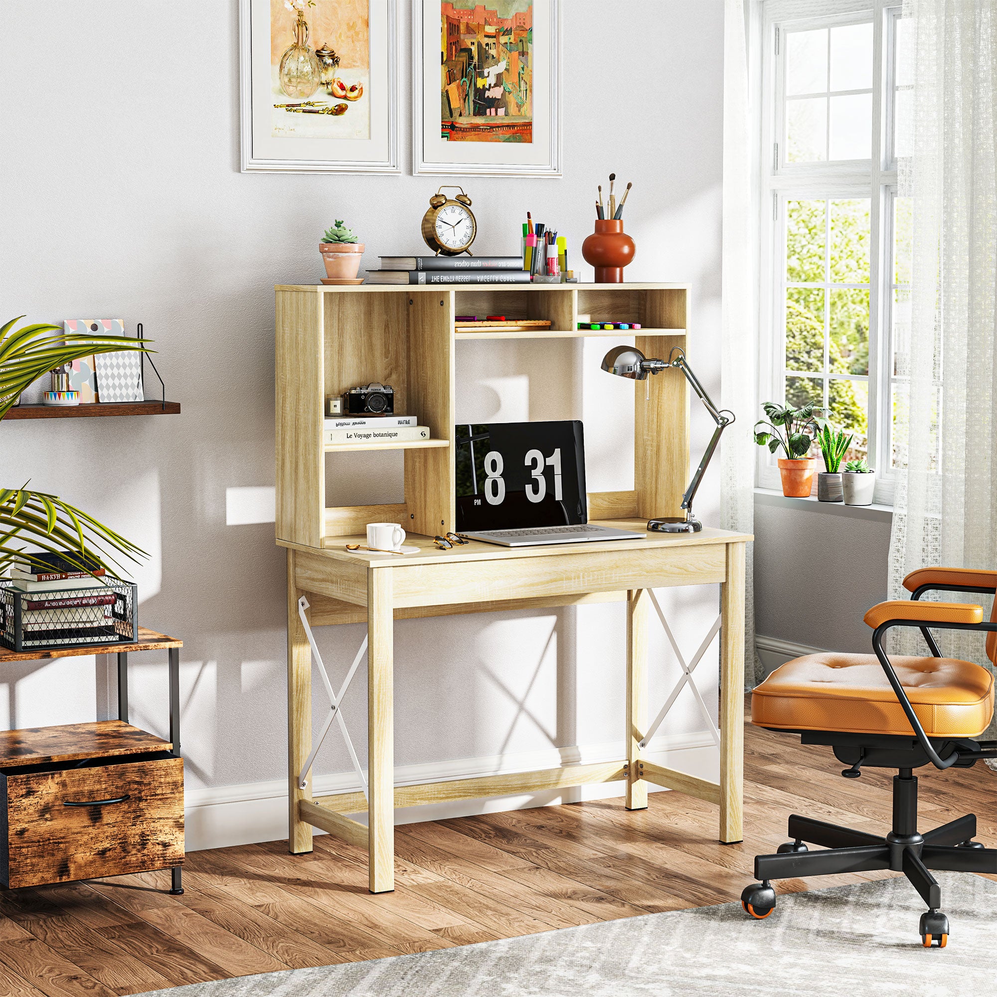 Sloan Computer Desk with Hutch, Home Office Table with Storage Shelves and Open Compartments for Writing, Work, Oak