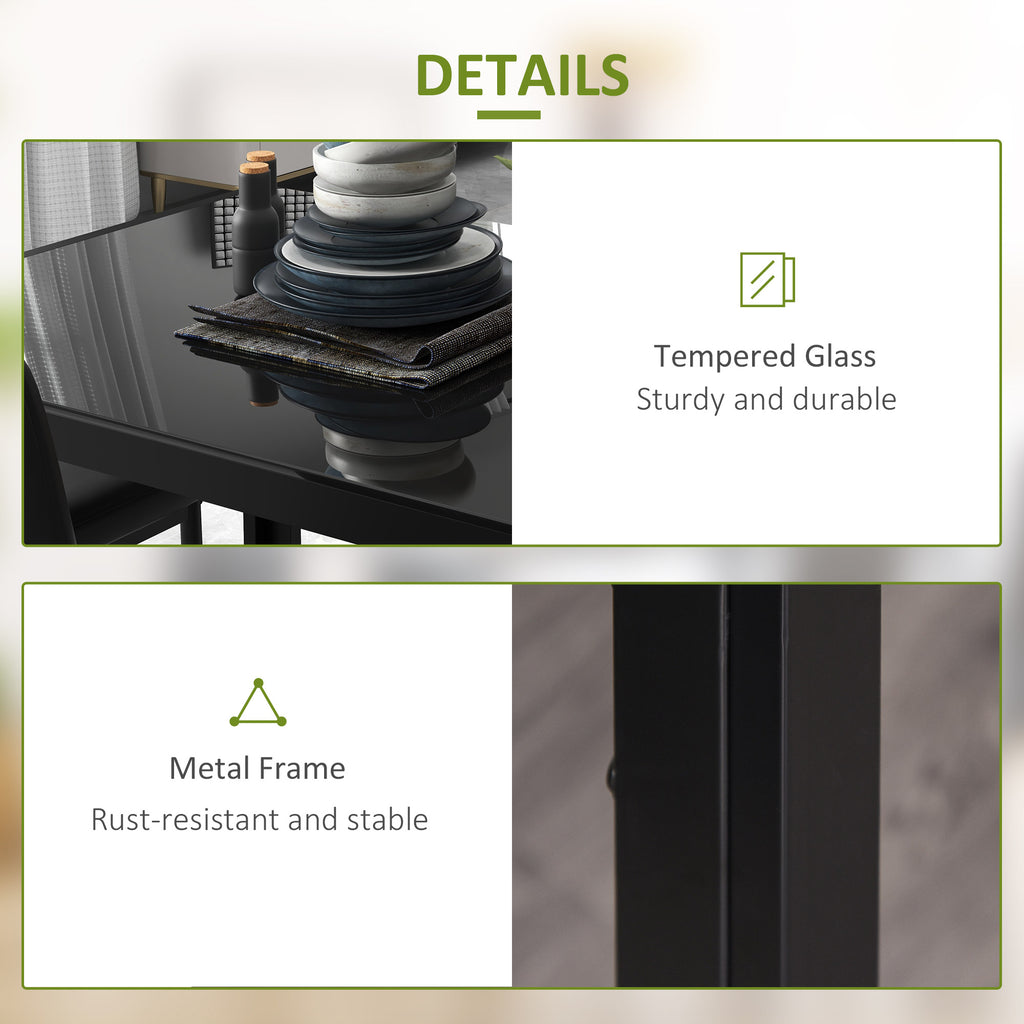 Zaya 5-Piece Rectangular Glass Kitchen Table and Chairs with Metal Frame and Faux Leather Upholstery for Dining Room, Black