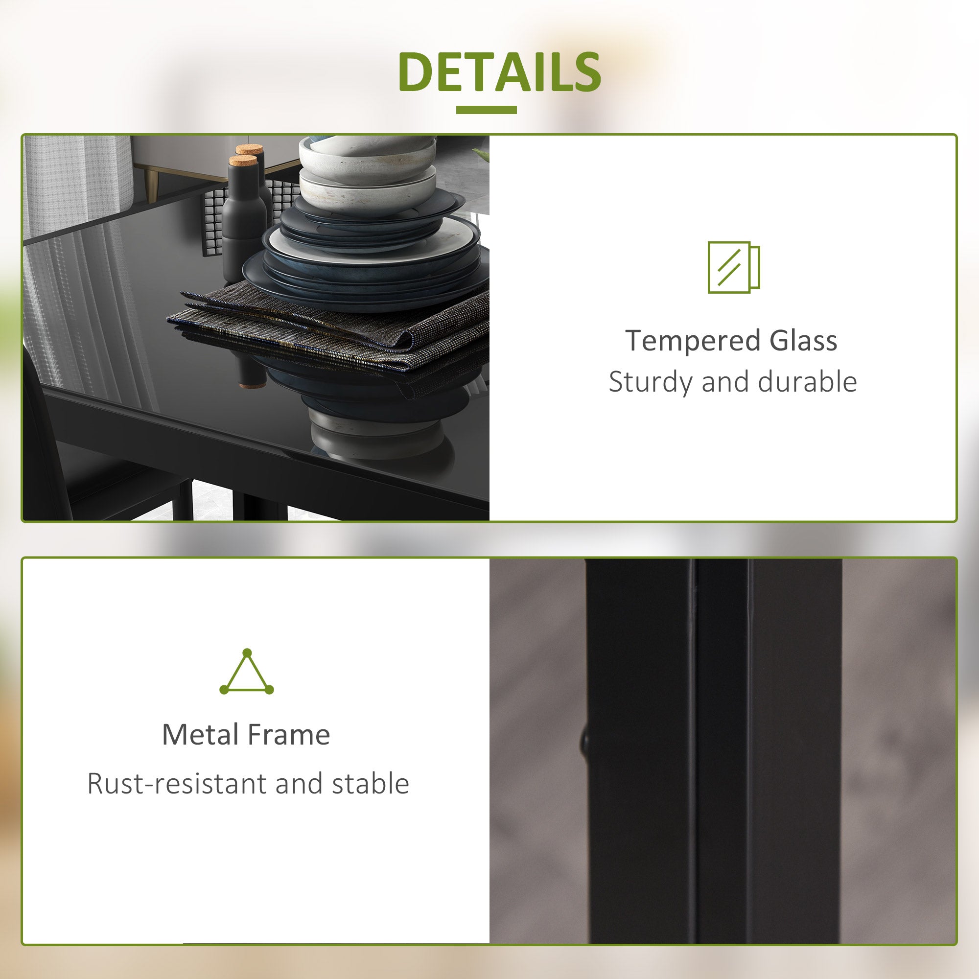 Zaya 5-Piece Rectangular Glass Kitchen Table and Chairs with Metal Frame and Faux Leather Upholstery for Dining Room, Black