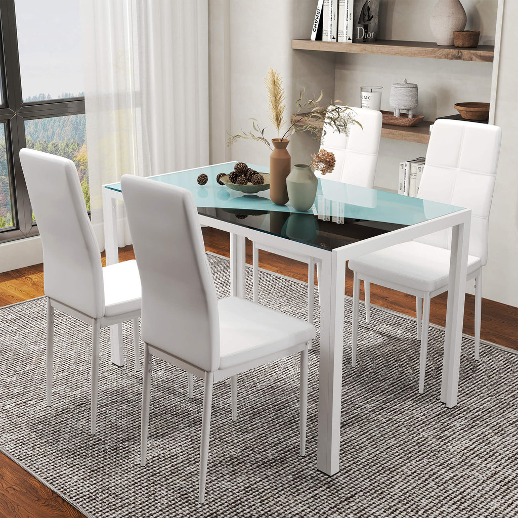 Zaya 5-Piece Rectangular Glass Kitchen Table and Chairs with Metal Frame and Faux Leather Upholstery for Dining Room, White