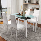 Zaya 5-Piece Rectangular Glass Kitchen Table and Chairs with Metal Frame and Faux Leather Upholstery for Dining Room, White