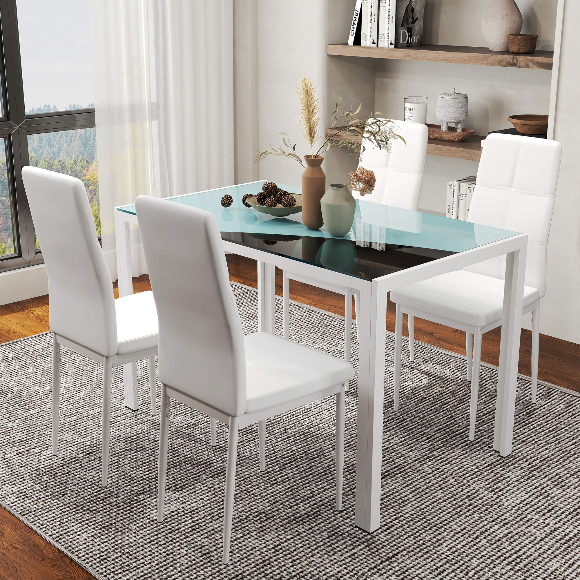 Zaya 5-Piece Rectangular Glass Kitchen Table and Chairs with Metal Frame and Faux Leather Upholstery for Dining Room, White
