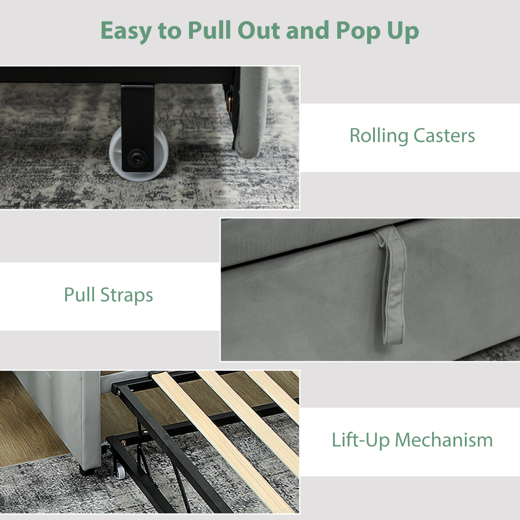 Atlas Upholstered Twin Size Trundle Bed, Velvet Twin to King Day Bed with Pop Up Trundle, Headboard and 2 Pockets-Light Grey