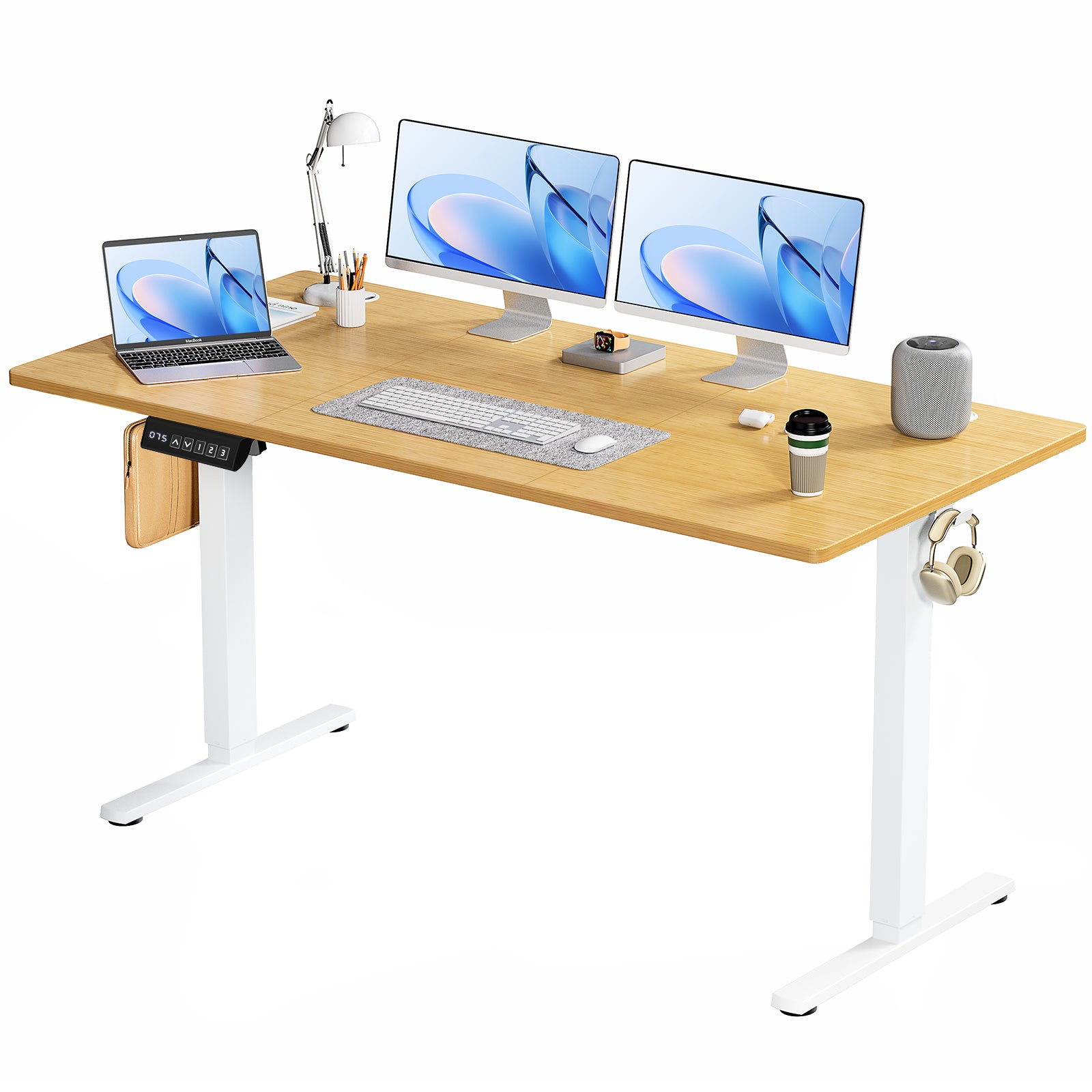 Electric Adjustable Height Standing Desk – Sit‑to‑Stand Splice Board Computer Table with Hooks & Cable Port for Home Office