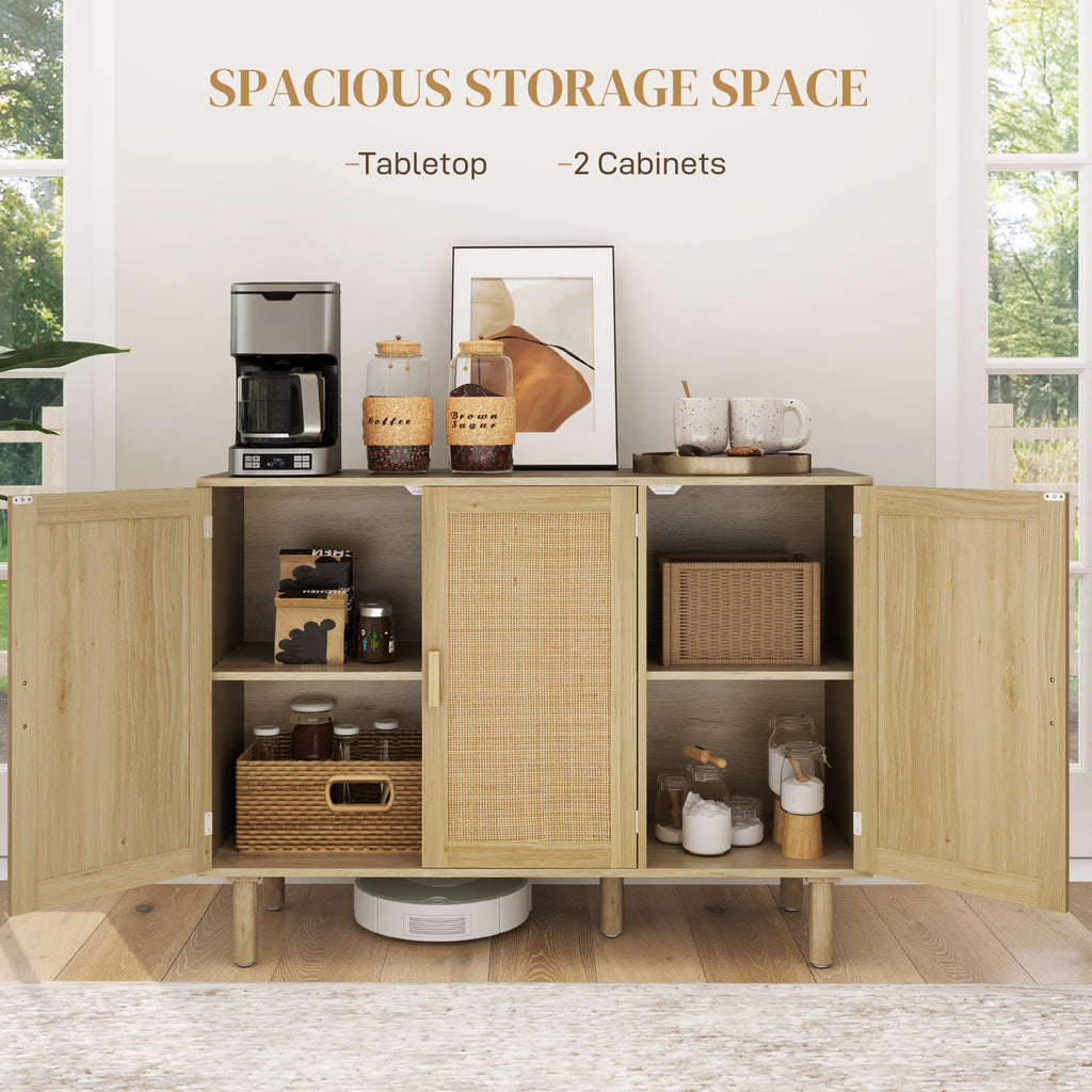 Quinn Bohemian Sideboard, 46.9" Buffet Cabinet with 3 Rattan Doors and Shelves for Living Room, Hallway, Oak