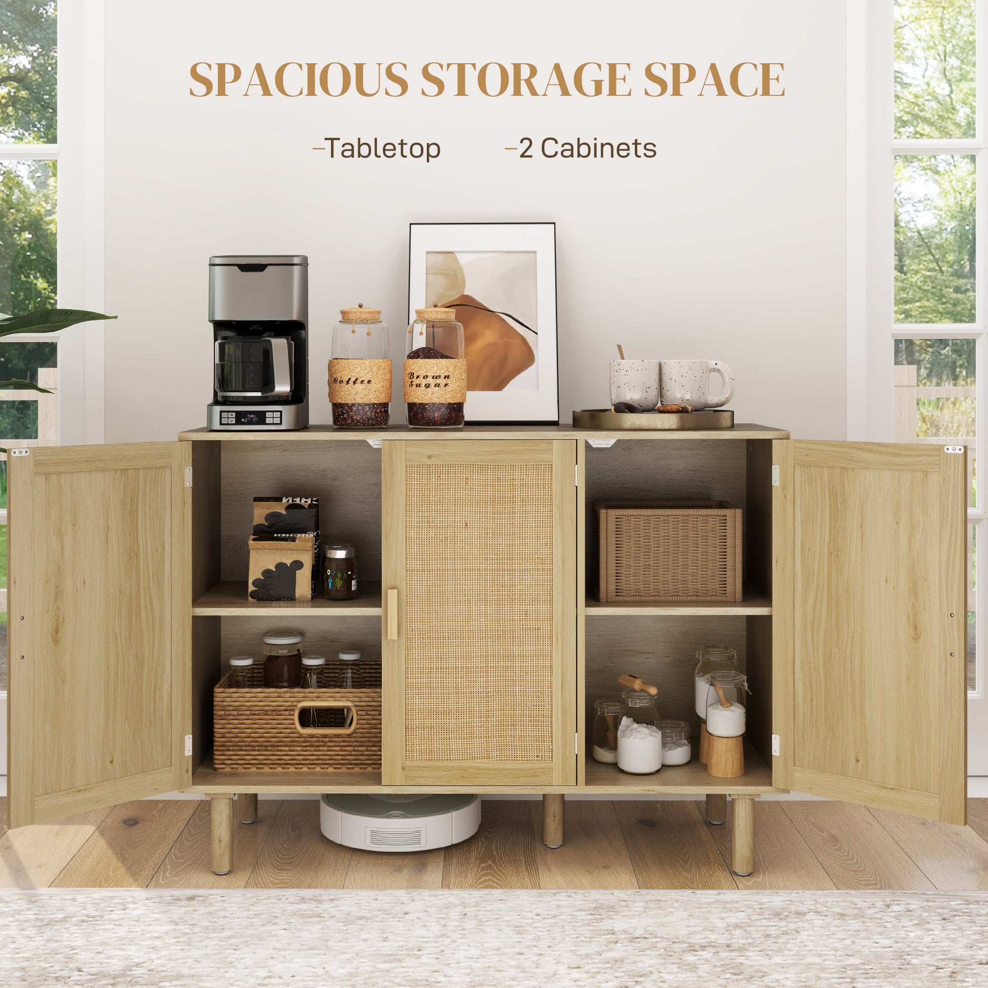 Quinn Bohemian Sideboard, 46.9" Buffet Cabinet with 3 Rattan Doors and Shelves for Living Room, Hallway, Oak