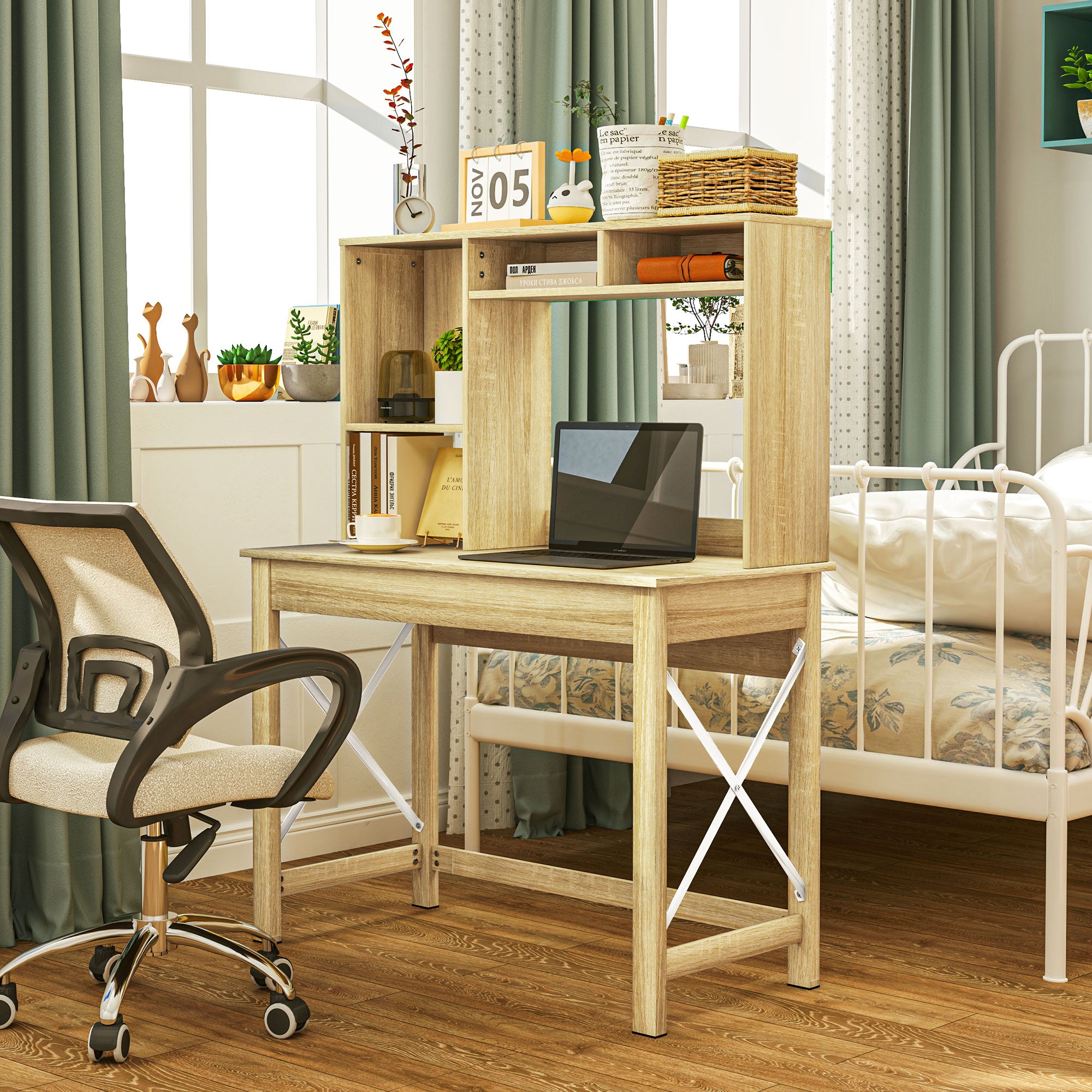 Sloan Computer Desk with Hutch, Home Office Table with Storage Shelves and Open Compartments for Writing, Work, Oak