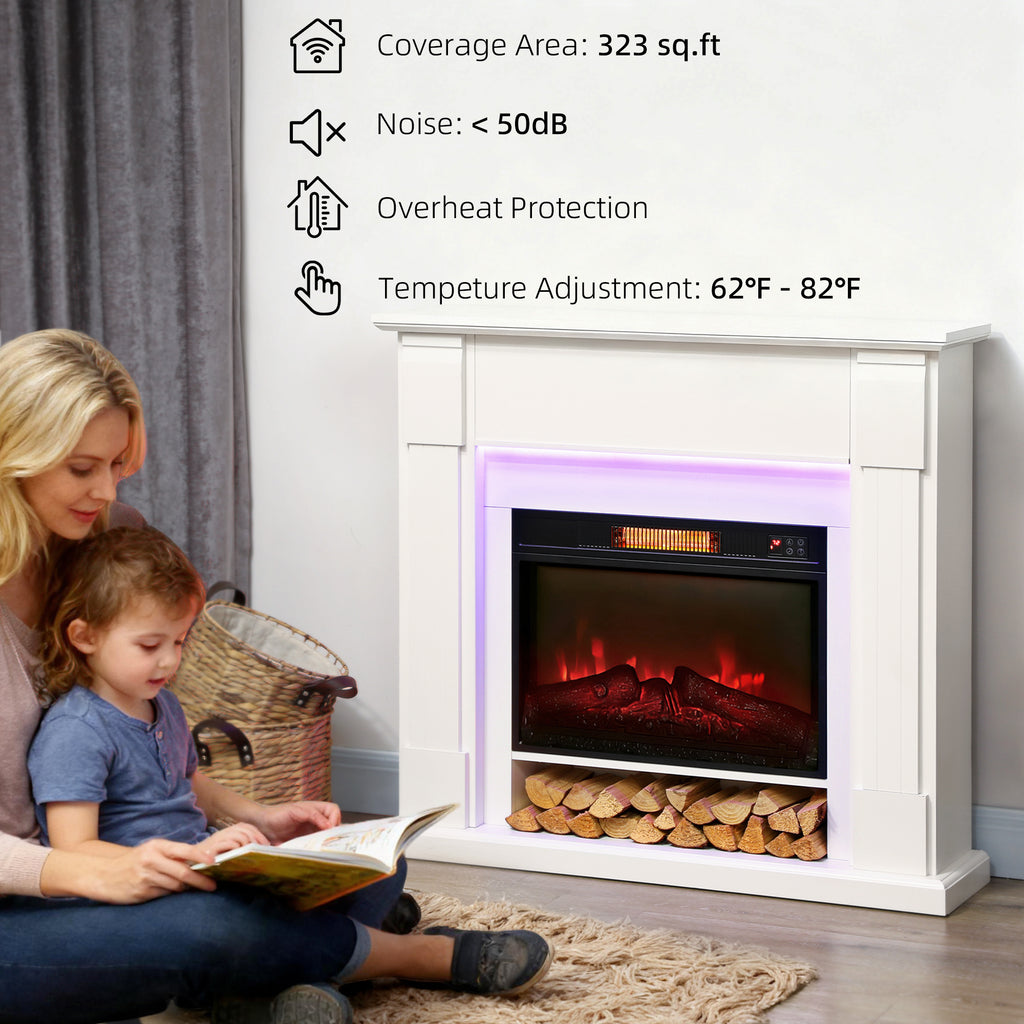 Electric fireplace with mantel featuring realistic flame effect for home heating